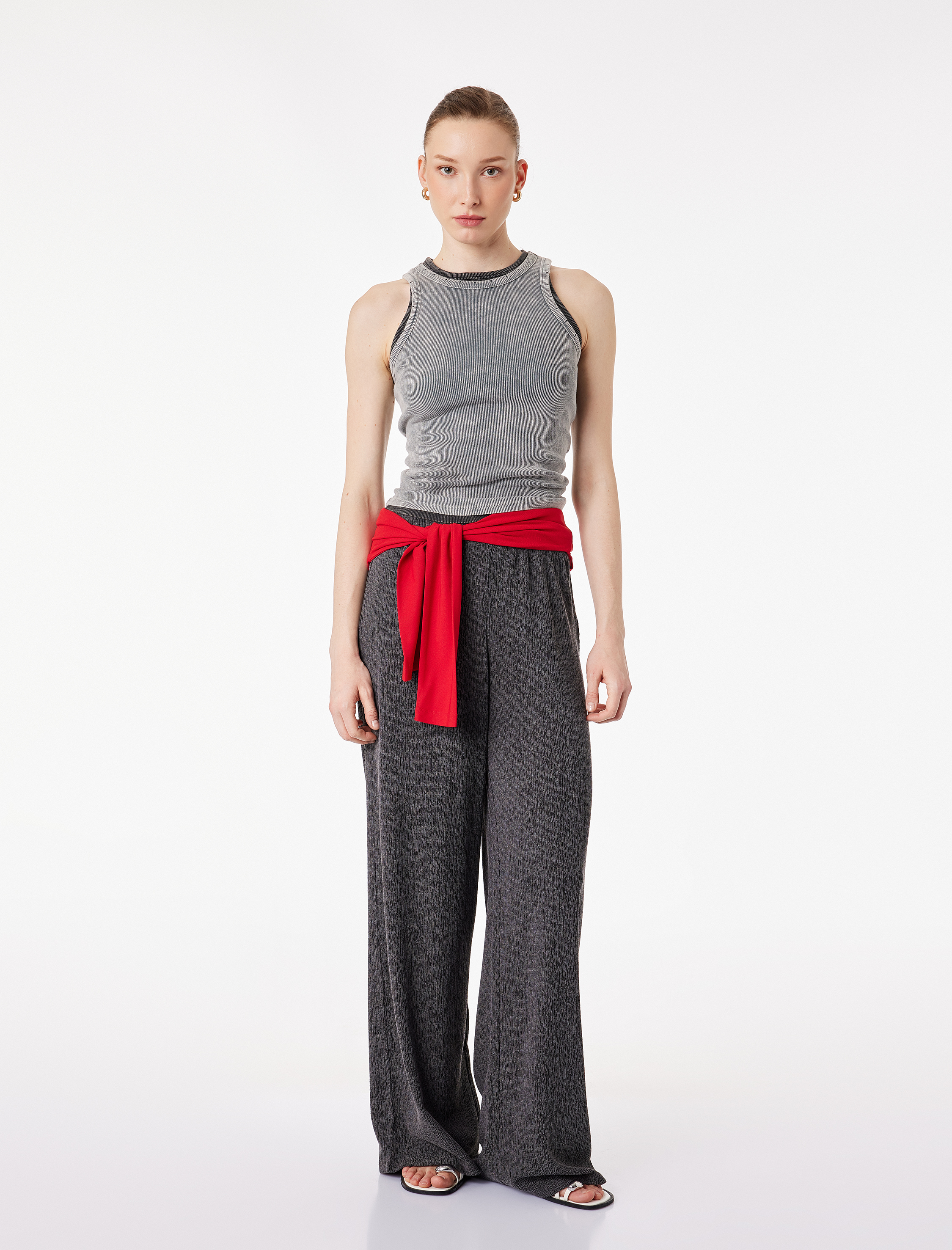   Bürümcük Kumaş Beli Bağcıklı Geniş Paça Pantolon