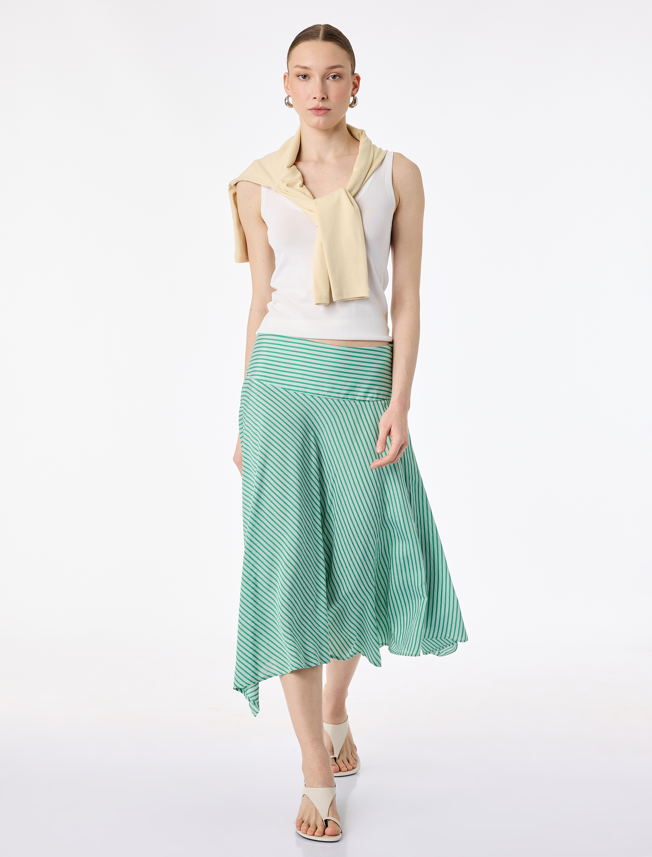   Viskon Kumaş Asimetrik Kesim Çizgili Midi Etek