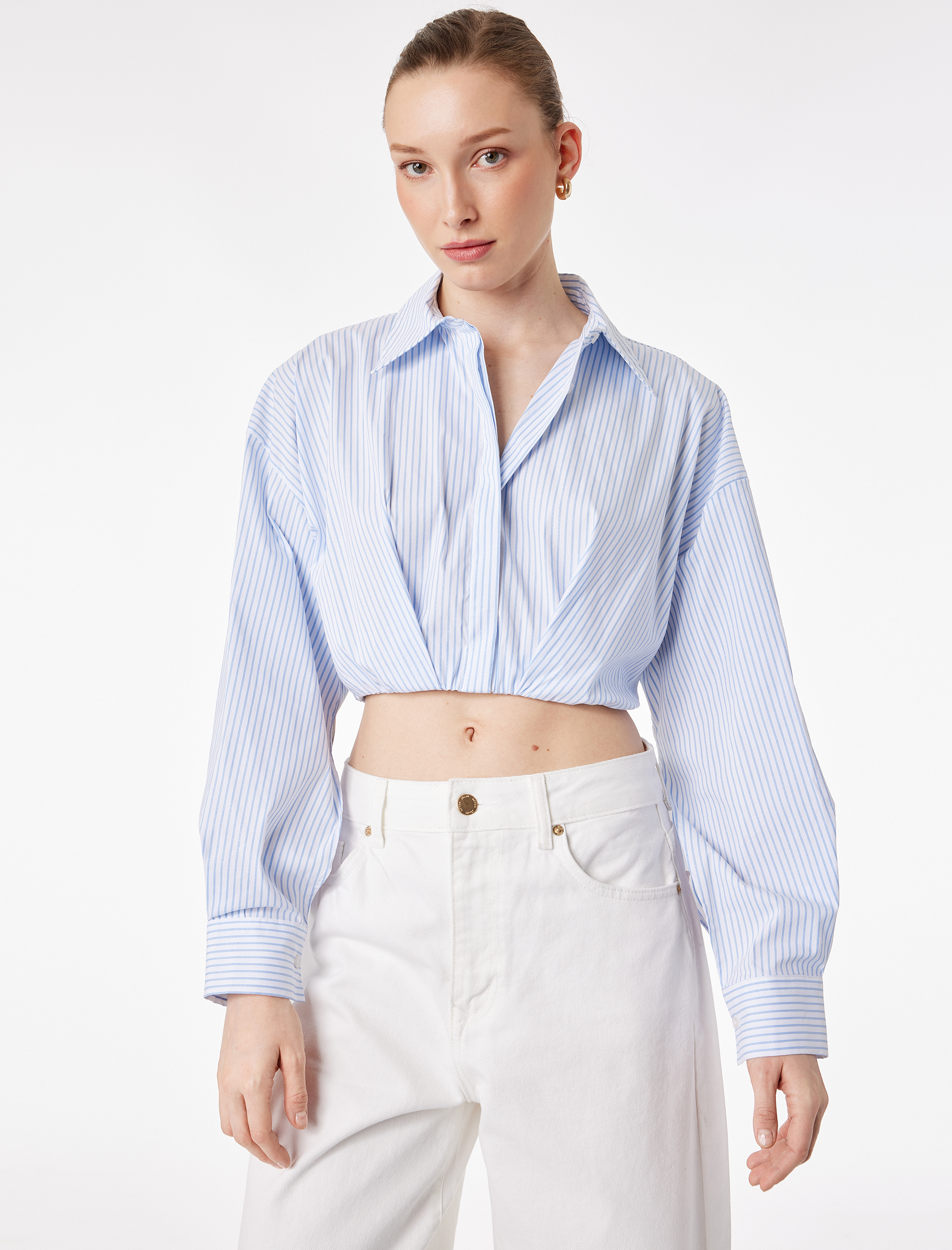   Bol Kalıp Uzun Kollu Klasik Yaka Çizgili Crop Poplin Gömlek