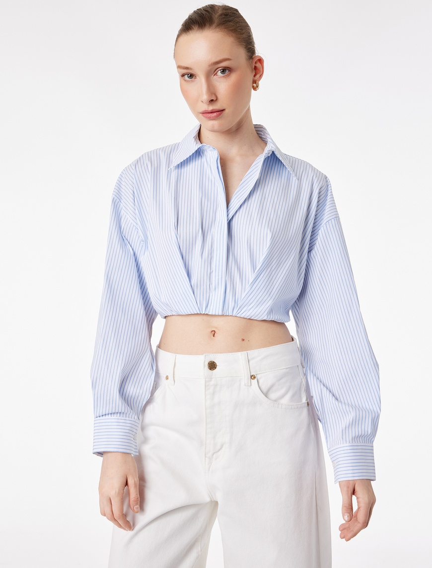 Koton Kadın Bol Kalıp Uzun Kollu Klasik Yaka Çizgili Crop Poplin Gömlek