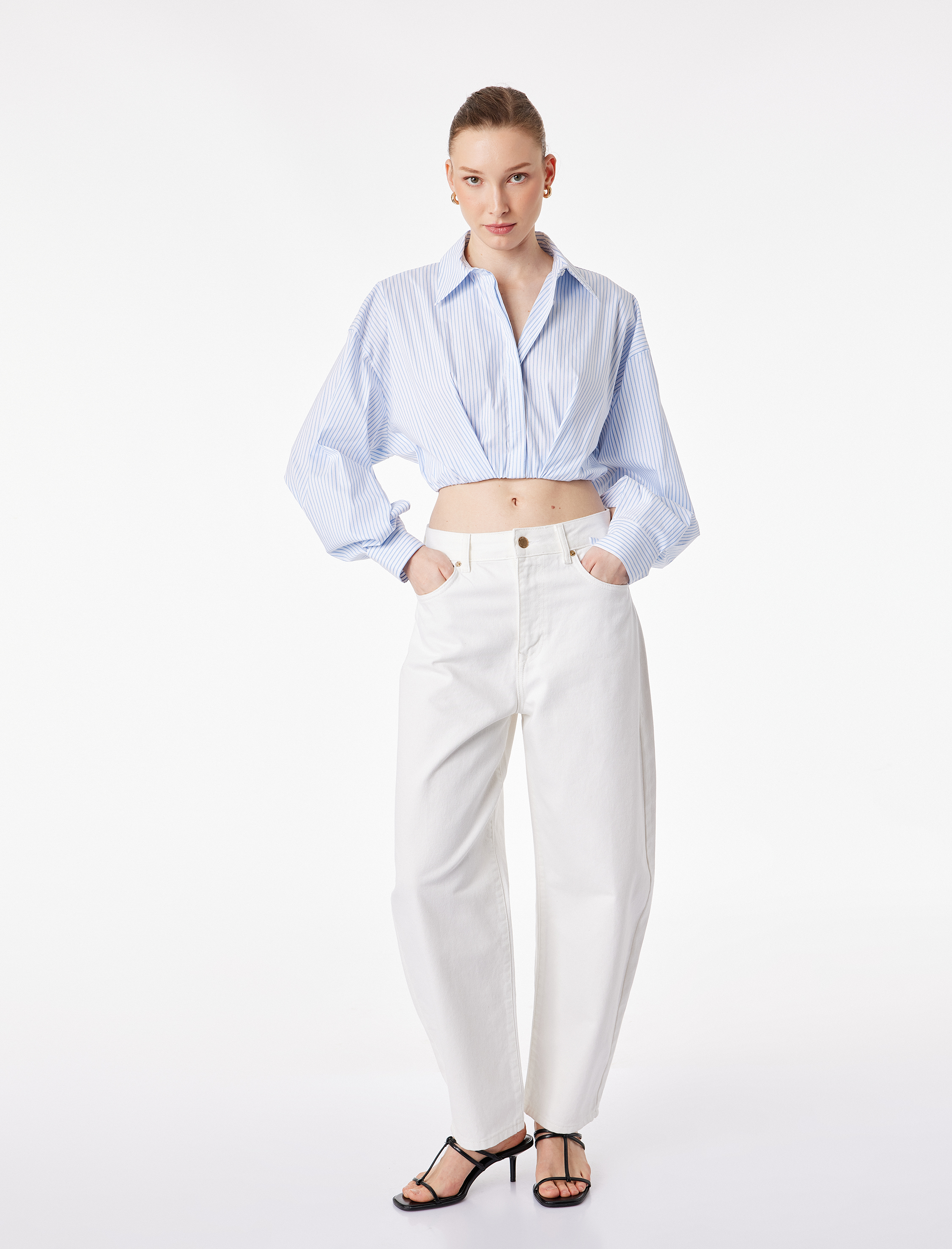   Bol Kalıp Uzun Kollu Klasik Yaka Çizgili Crop Poplin Gömlek