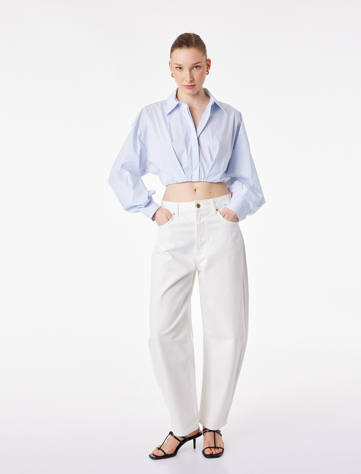 Bol Kalıp Uzun Kollu Klasik Yaka Çizgili Crop Poplin Gömlek