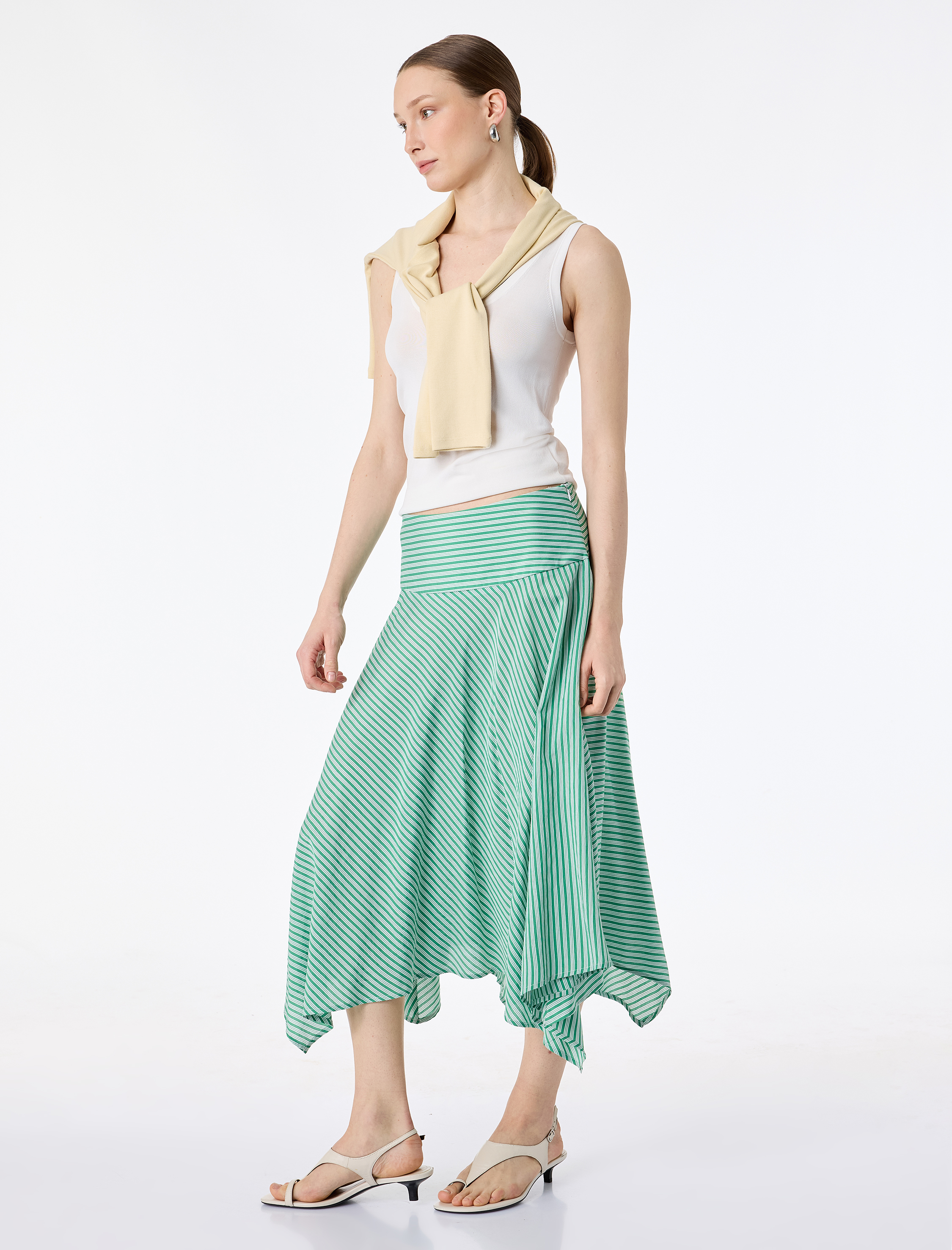   Viskon Kumaş Asimetrik Kesim Çizgili Midi Etek