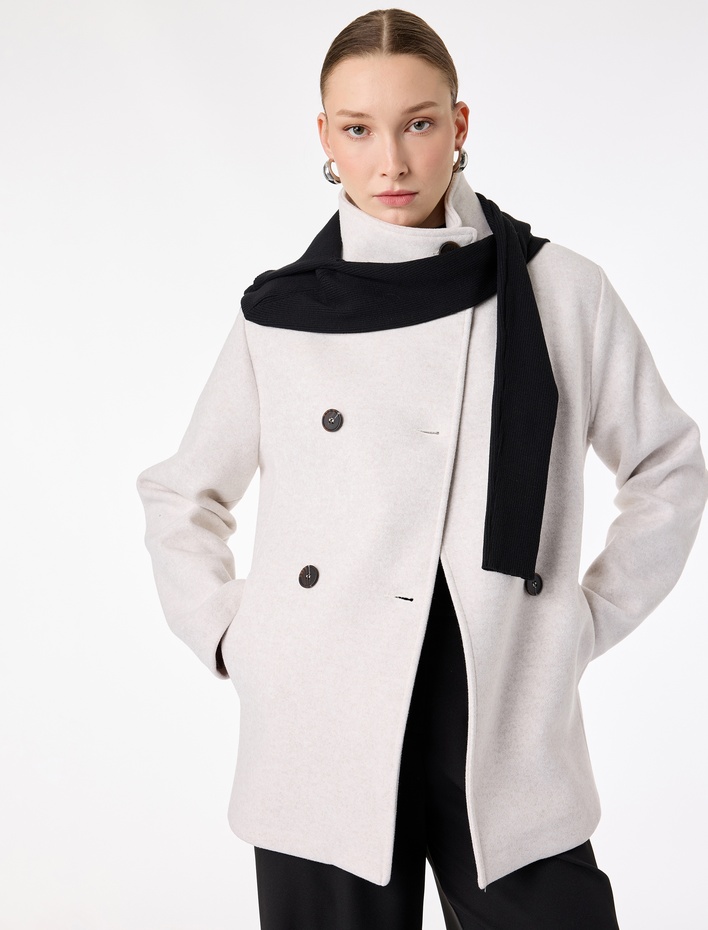  Uzun Kollu Düğmeli Cepli Dik Huni Yaka Kaşe Kaban