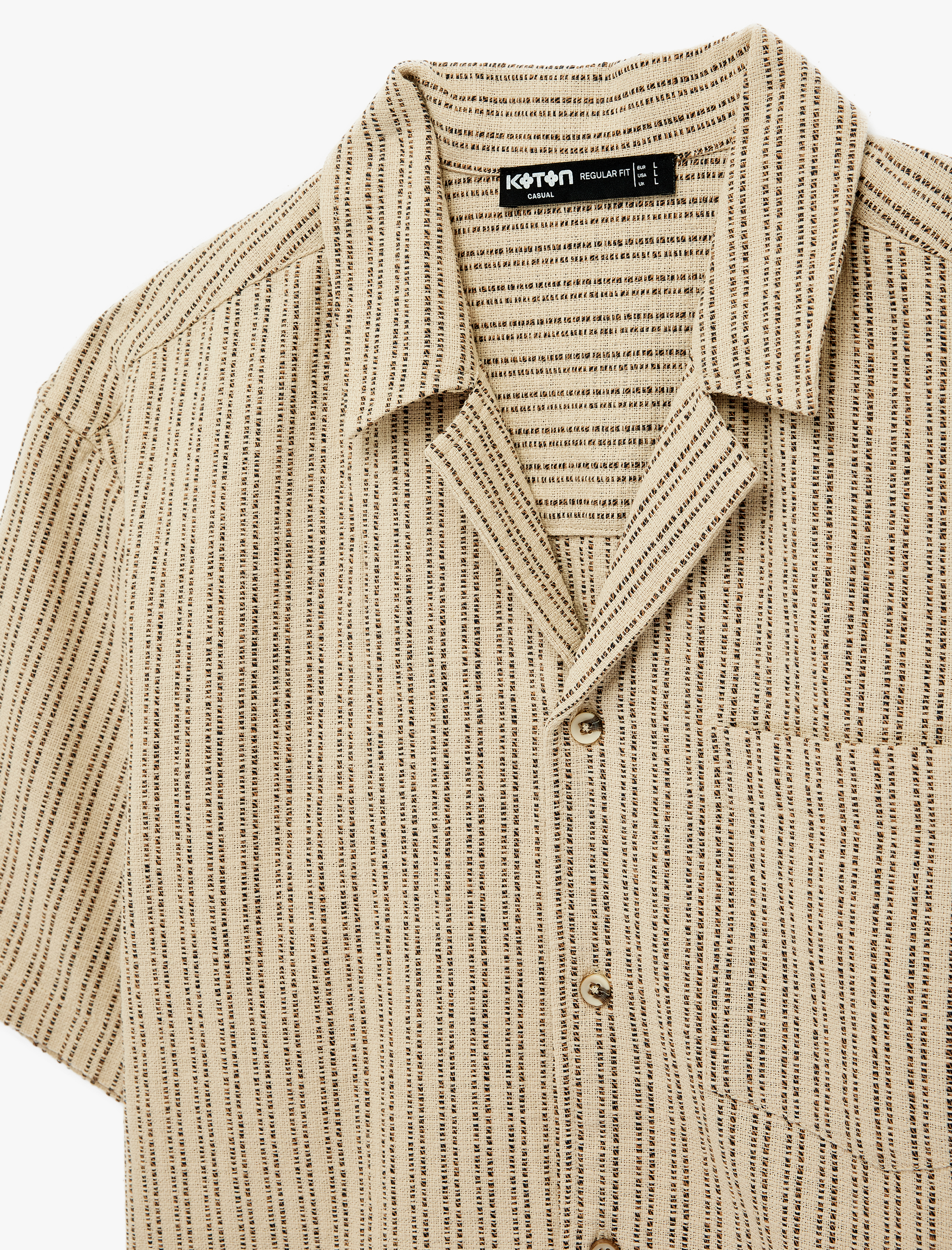   Regular Fit Kısa Kollu Cepli Devrik Yaka Pamuklu Çizgili Gömlek