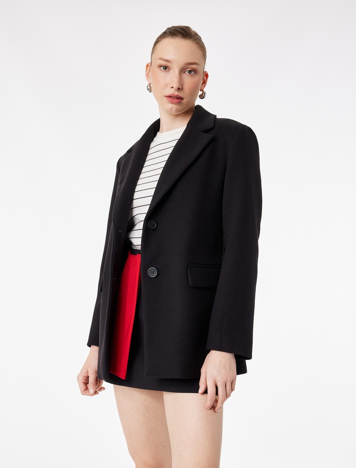  Uzun Kollu Düğmeli Cepli Kaşe Ceket