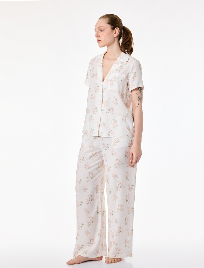  Beli Lastikli Cepli Çiçek Desenli Viskon Pijama Altı