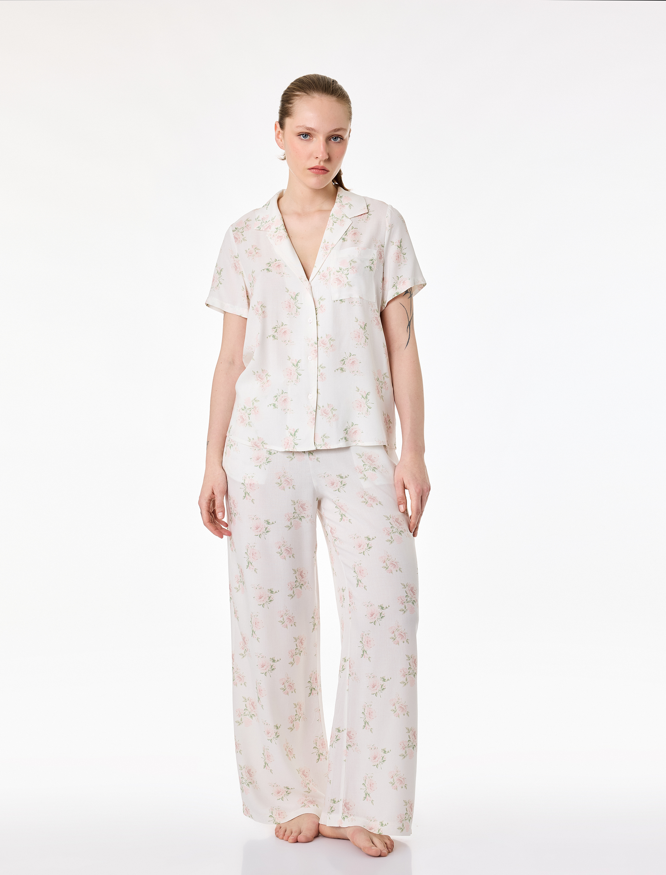   Beli Lastikli Cepli Çiçek Desenli Viskon Pijama Altı