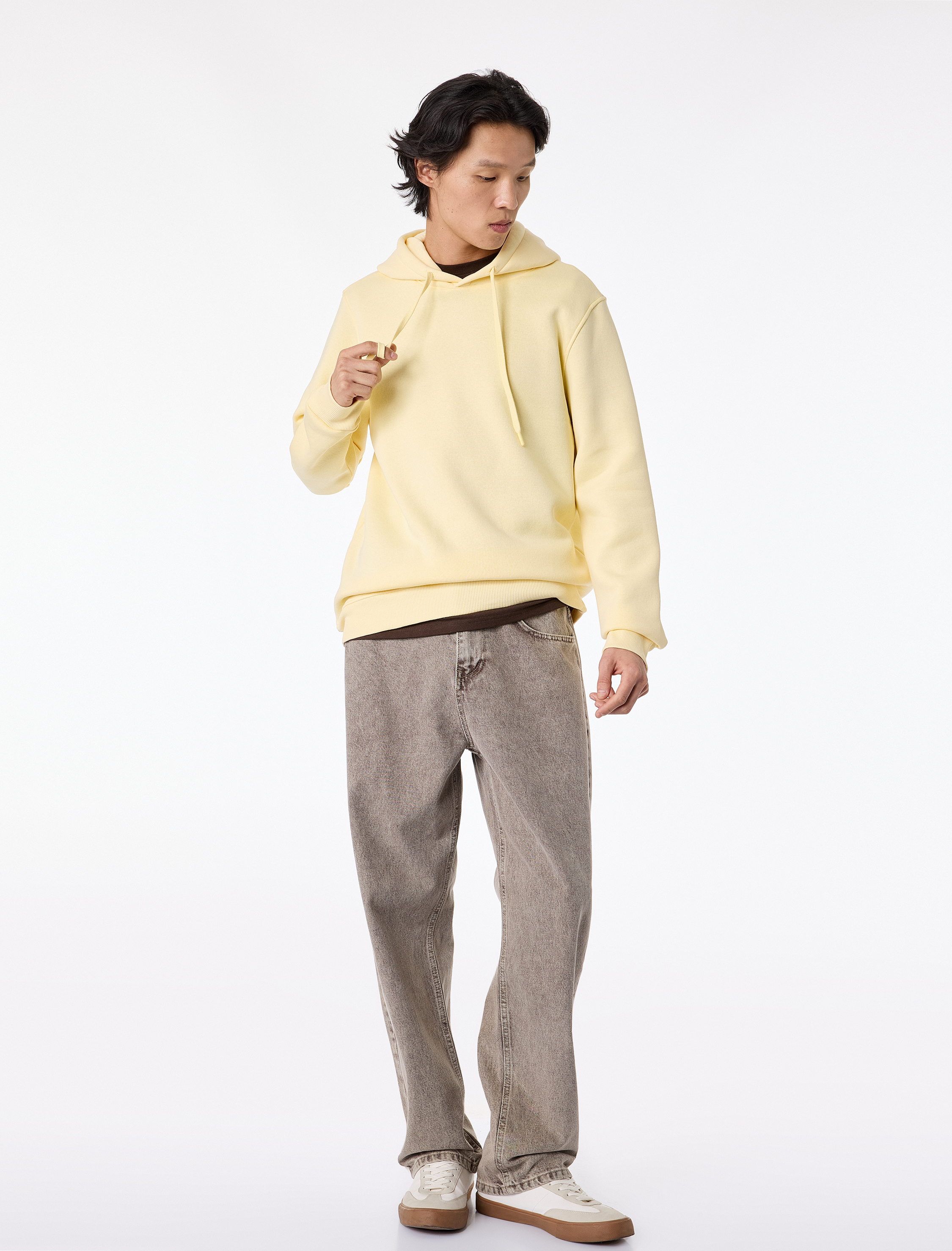   Uzun Kollu Şardonlu Basic Kapşonlu Sweatshirt