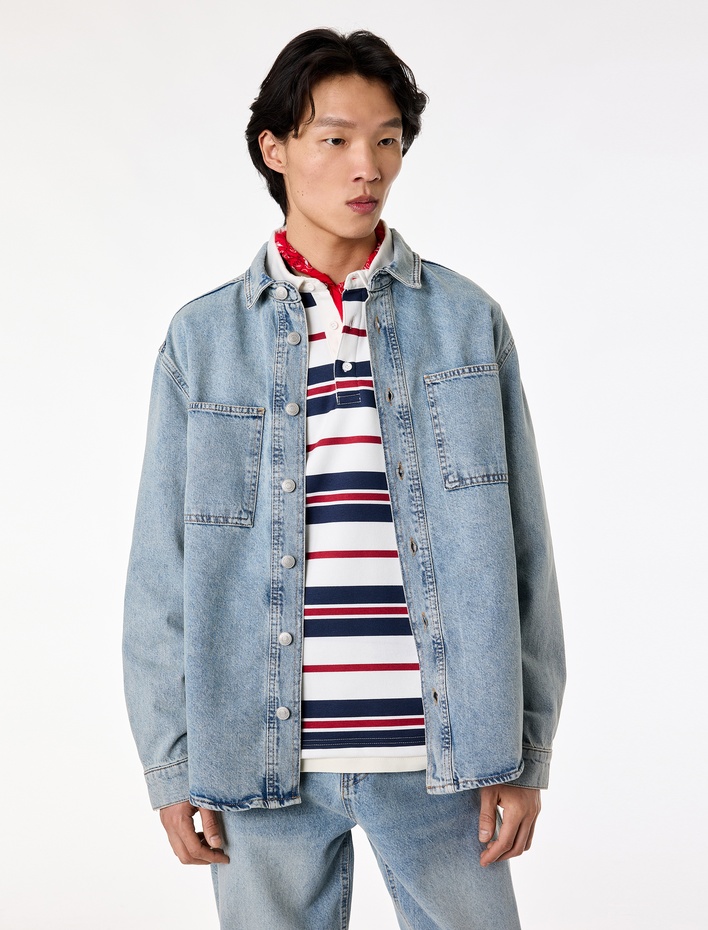  Uzun Kollu Cepli Düğmeli Gömlek Yaka Oversize Jean Gömlek Ceket