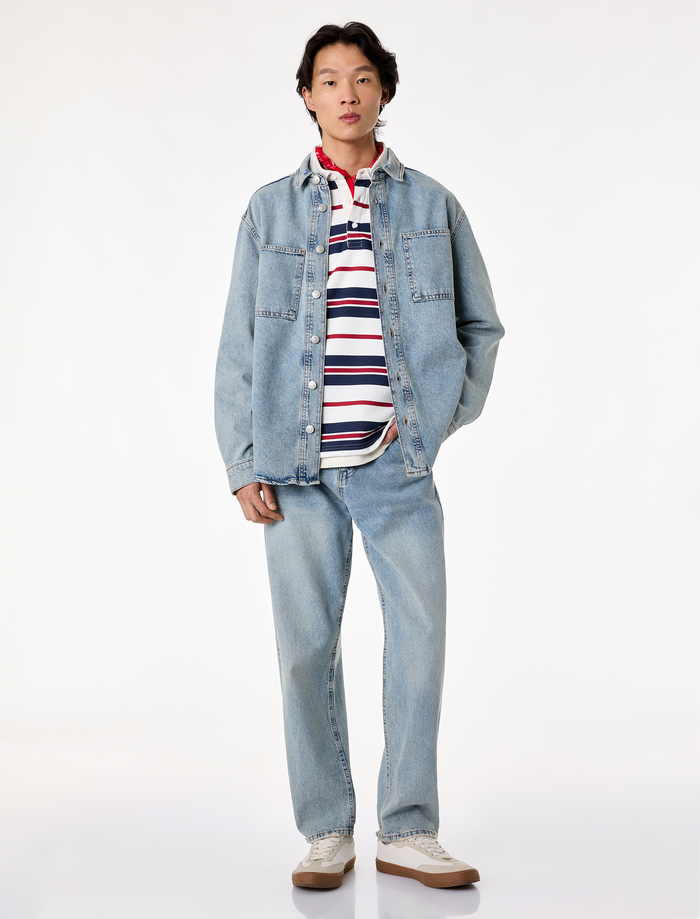   Uzun Kollu Cepli Düğmeli Gömlek Yaka Oversize Jean Gömlek Ceket