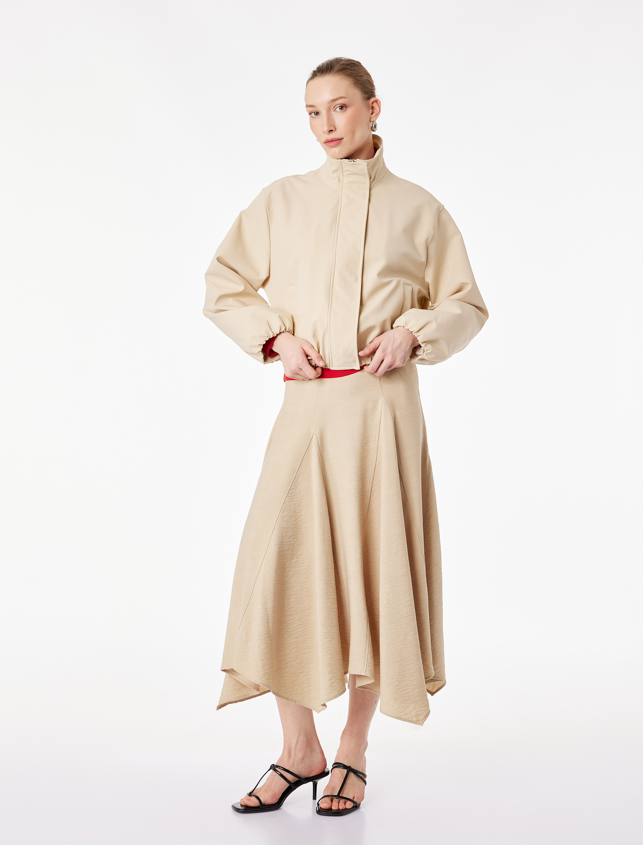   Viskon Kumaş Rahat Kalıp Asimetrik Kesim Midi Kloş Etek