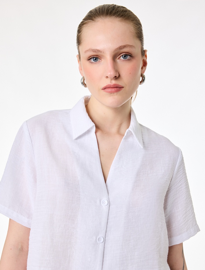  Keten Görünümlü Klasik Yaka Kısa Kollu Gömlek