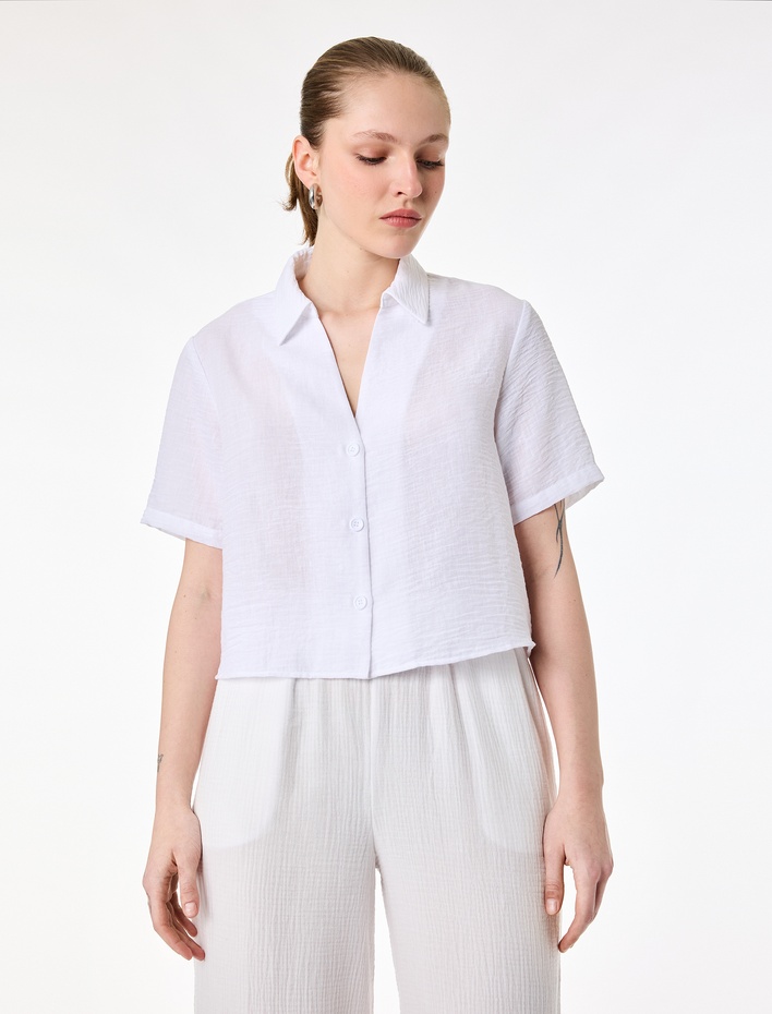  Keten Görünümlü Klasik Yaka Kısa Kollu Gömlek