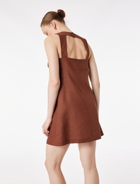 A Kesim Arkası Pencere Detaylı Yuvarlak Yaka Mini Keten Elbise