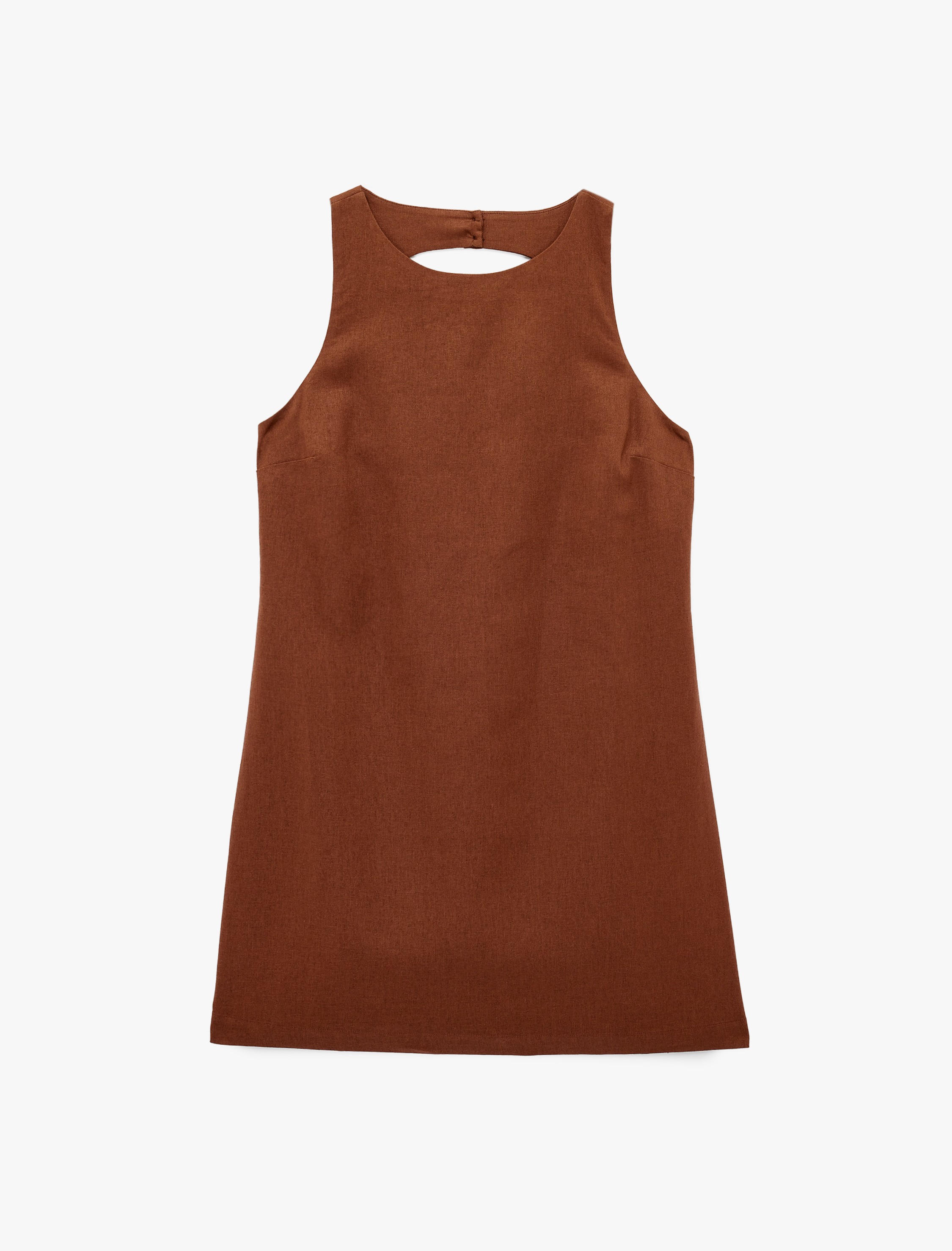   A Kesim Arkası Pencere Detaylı Yuvarlak Yaka Mini Keten Elbise