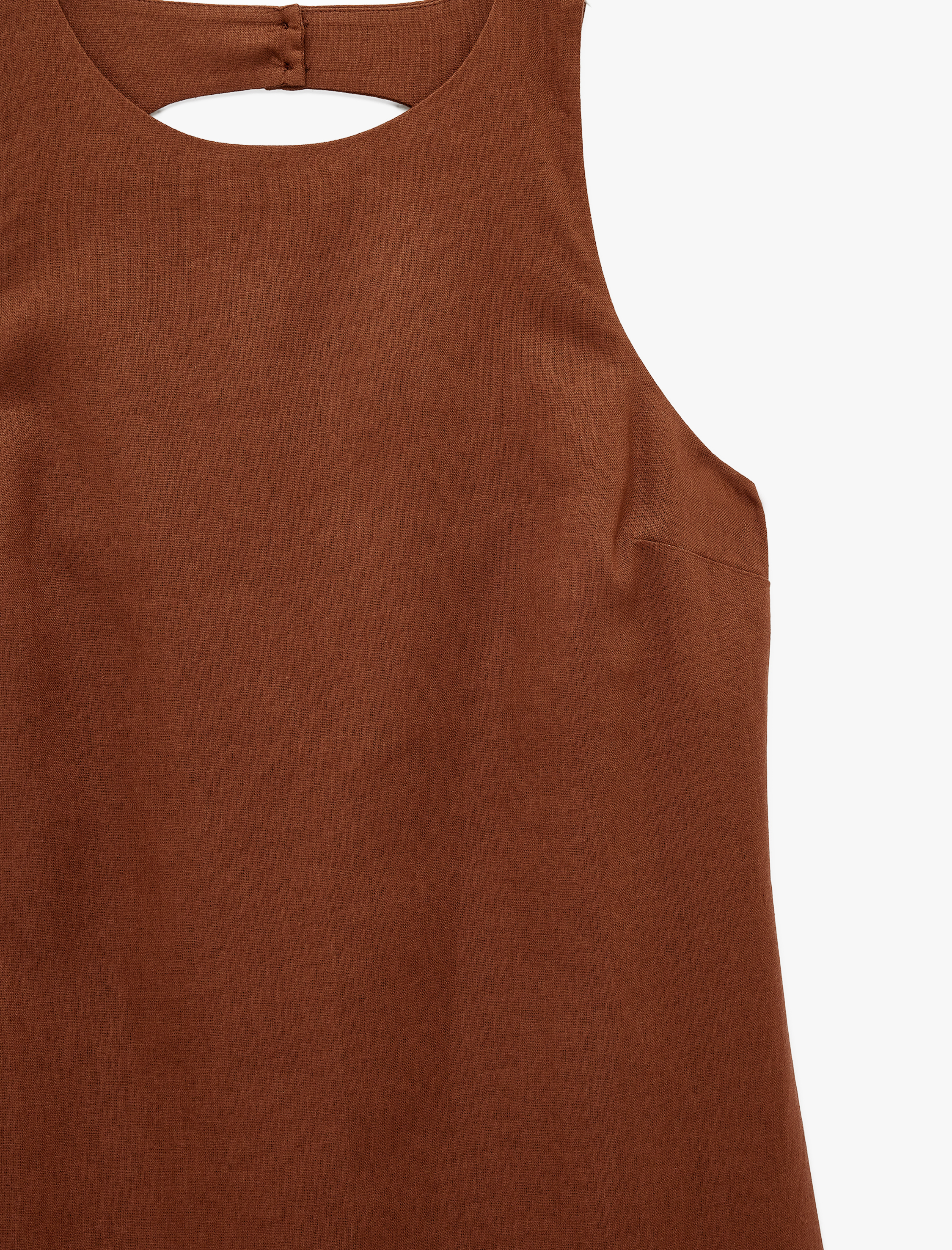   A Kesim Arkası Pencere Detaylı Yuvarlak Yaka Mini Keten Elbise