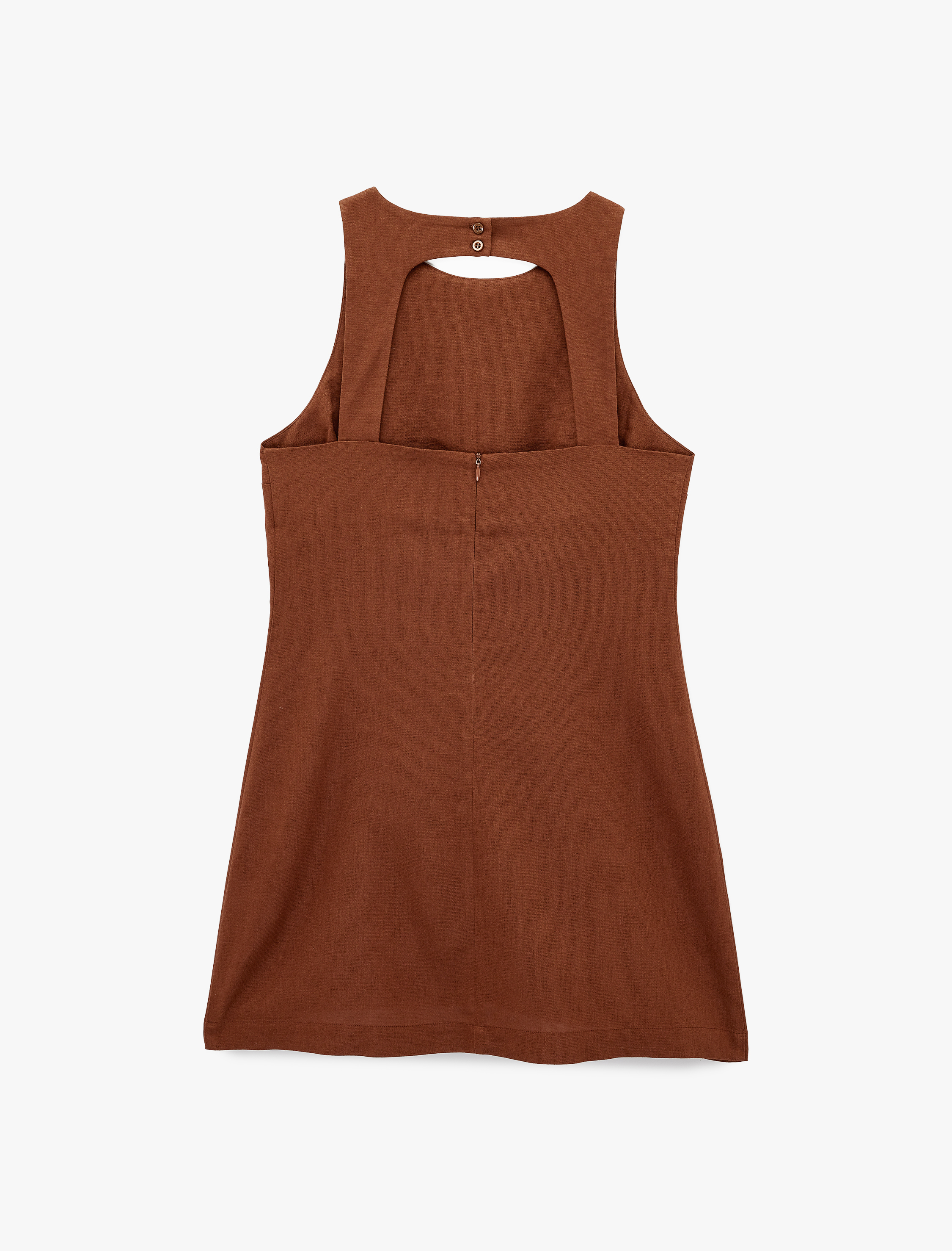   A Kesim Arkası Pencere Detaylı Yuvarlak Yaka Mini Keten Elbise