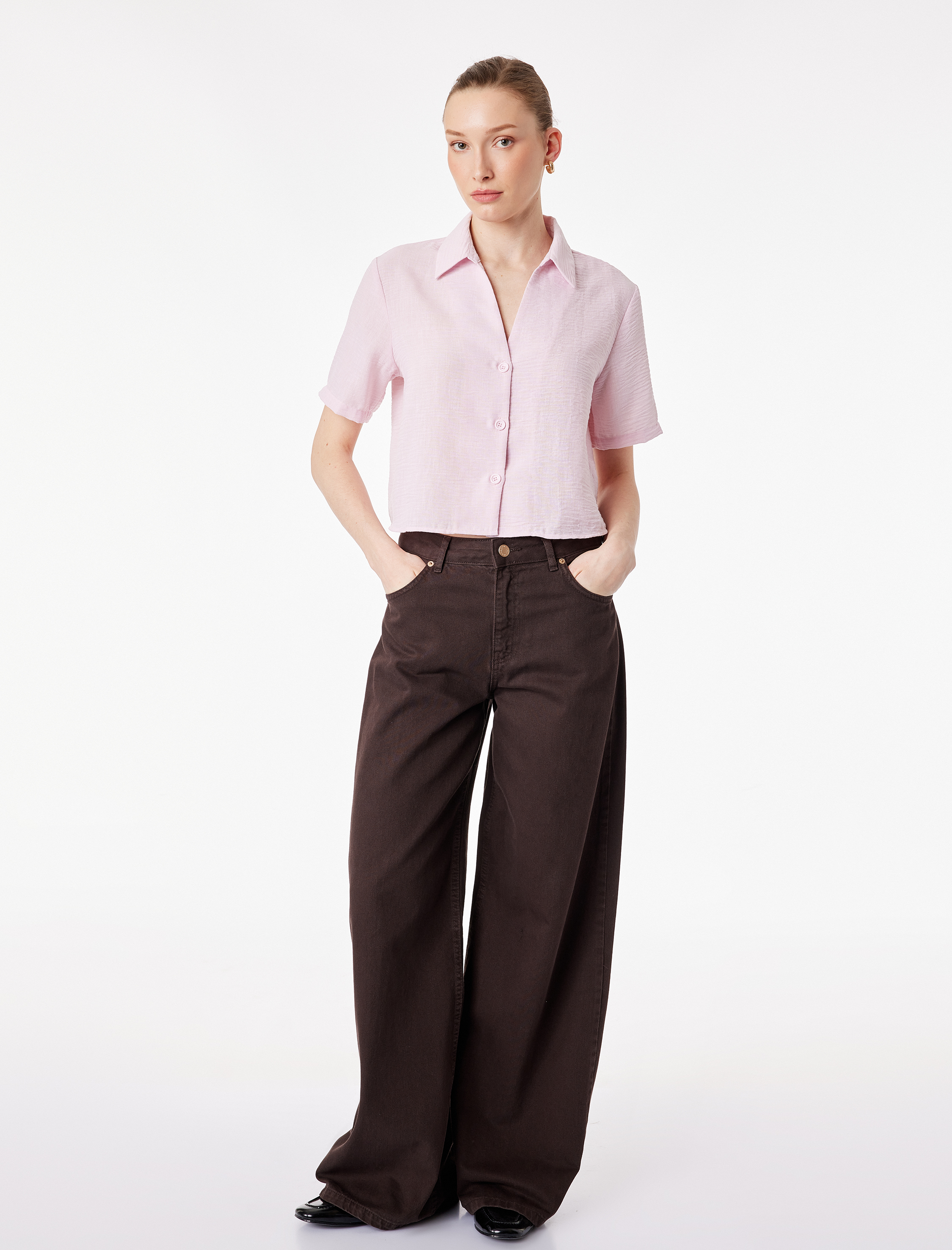   Keten Görünümlü Klasik Yaka Kısa Kollu Gömlek