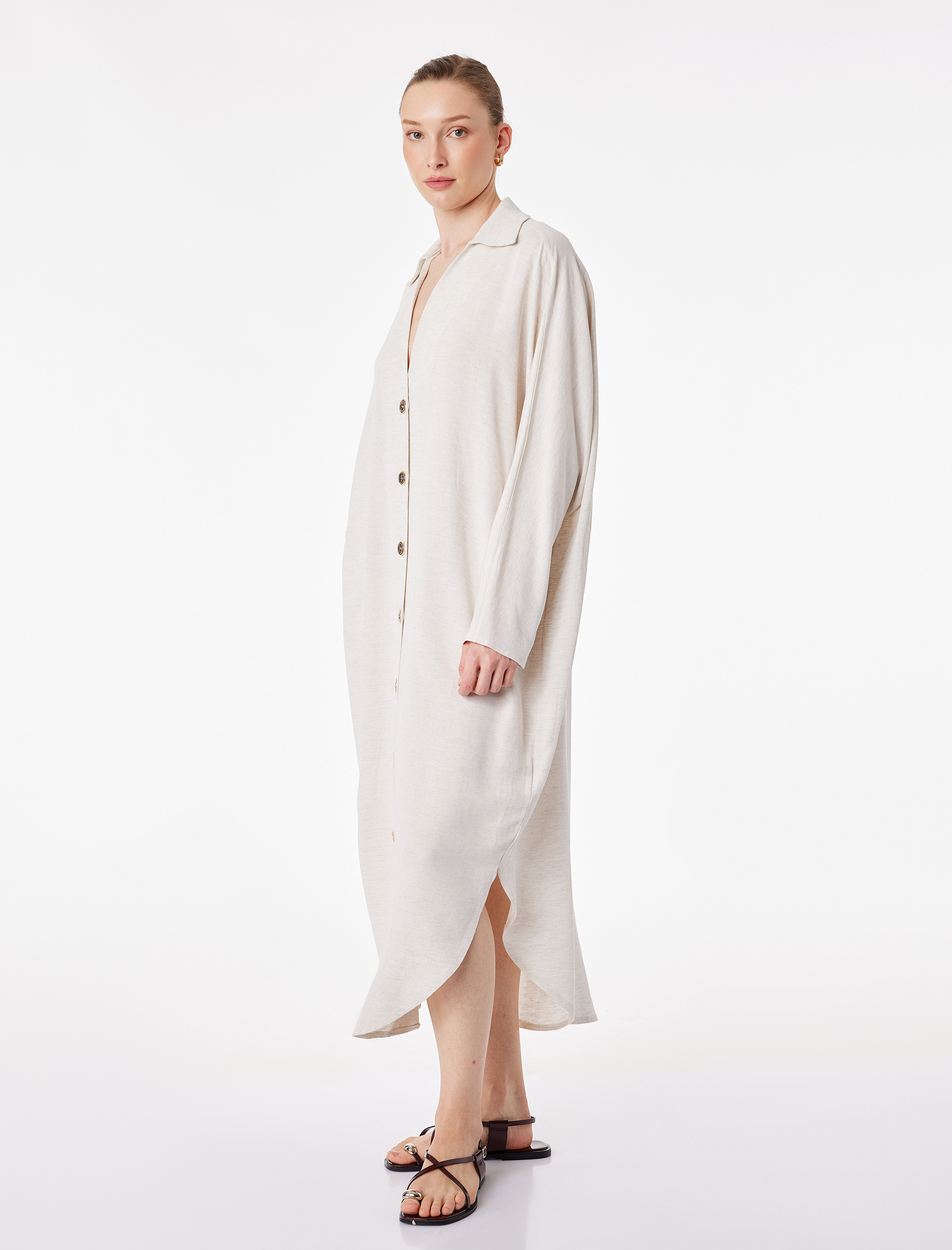   Viskon Keten Karışımlı Rahat Kalıp Uzun Kollu Cepli Düğmeli Gömlek Elbise