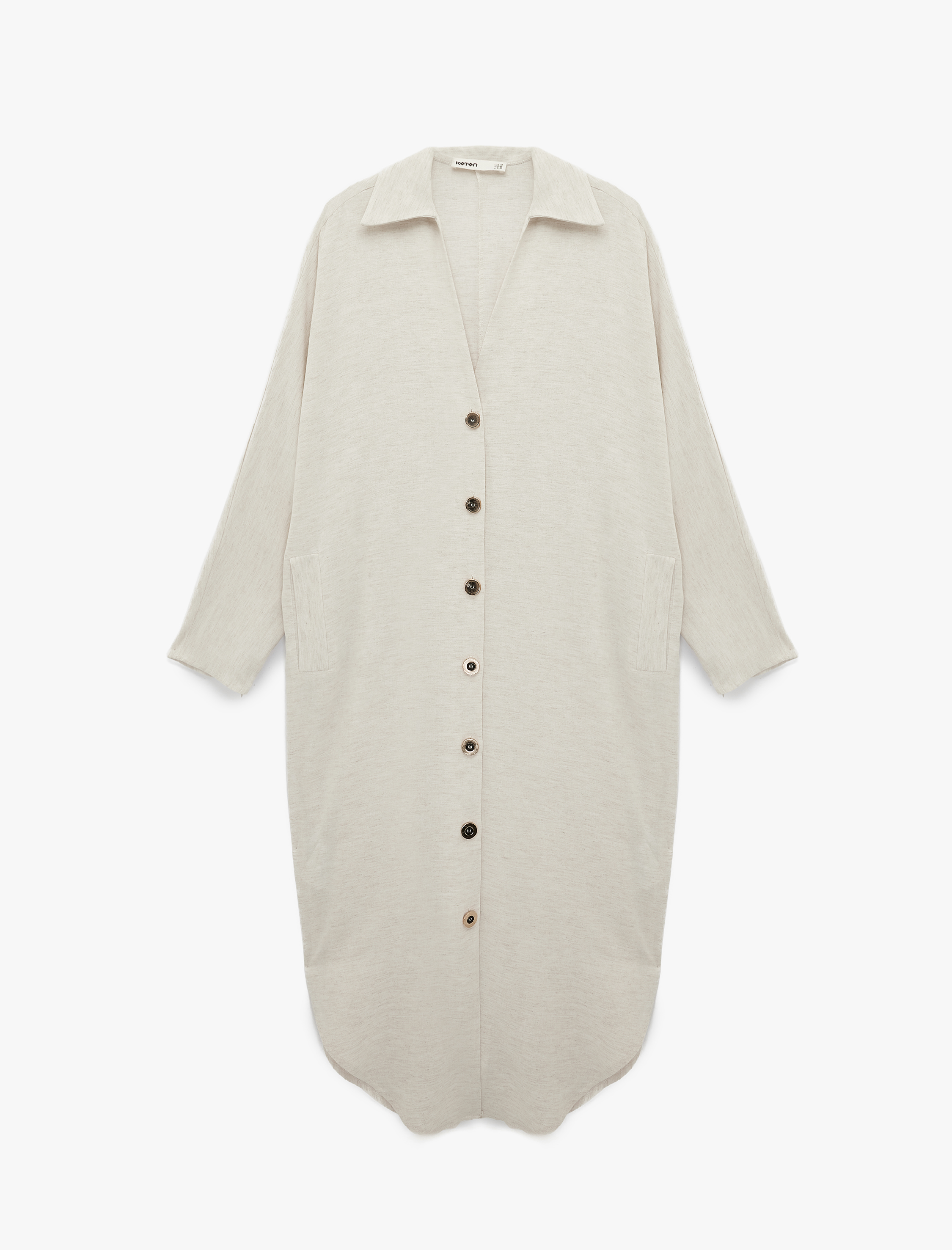   Viskon Keten Karışımlı Rahat Kalıp Uzun Kollu Cepli Düğmeli Gömlek Elbise