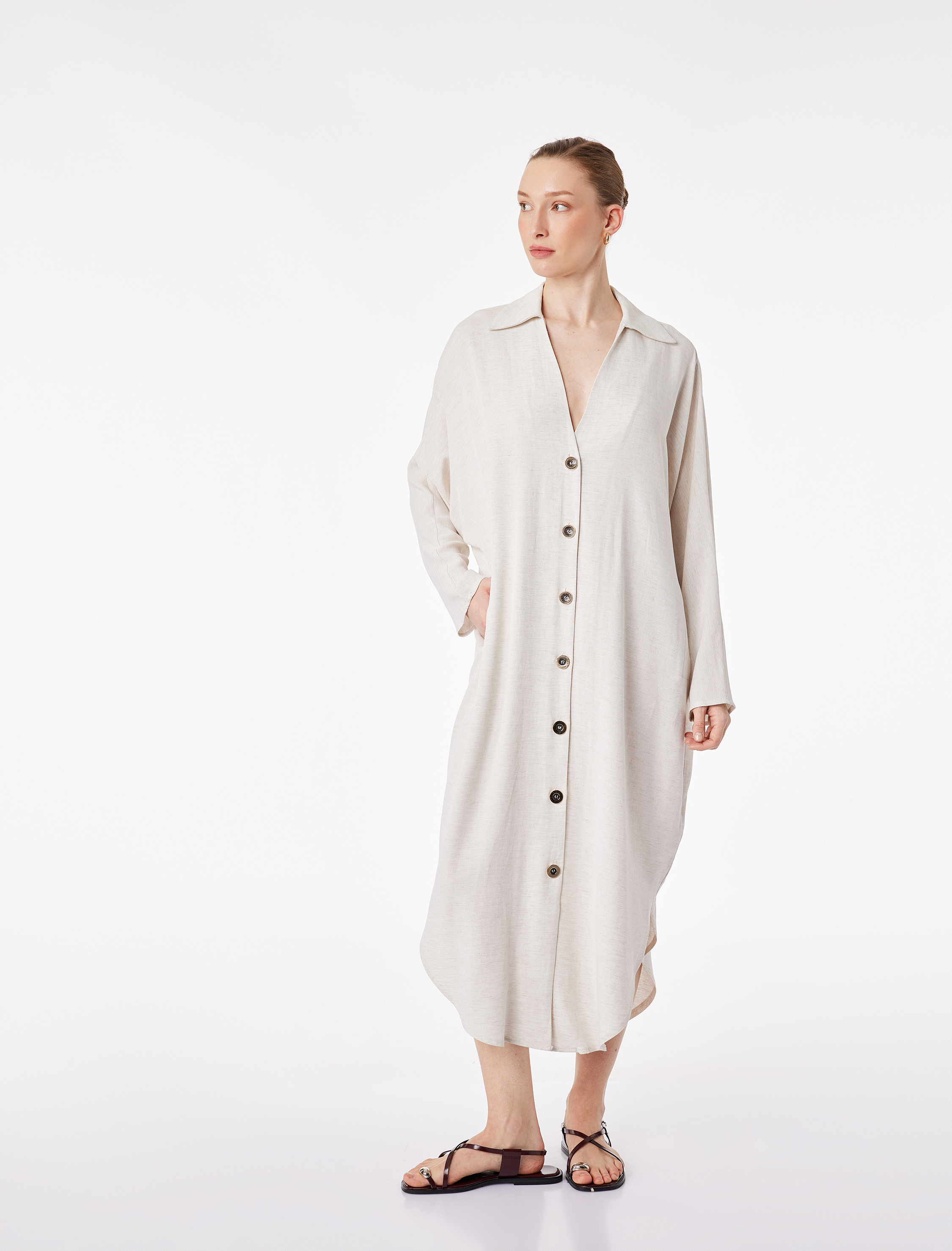   Viskon Keten Karışımlı Rahat Kalıp Uzun Kollu Cepli Düğmeli Gömlek Elbise