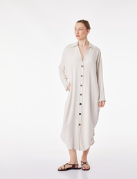 Viskon Keten Karışımlı Rahat Kalıp Uzun Kollu Cepli Düğmeli Gömlek Elbise