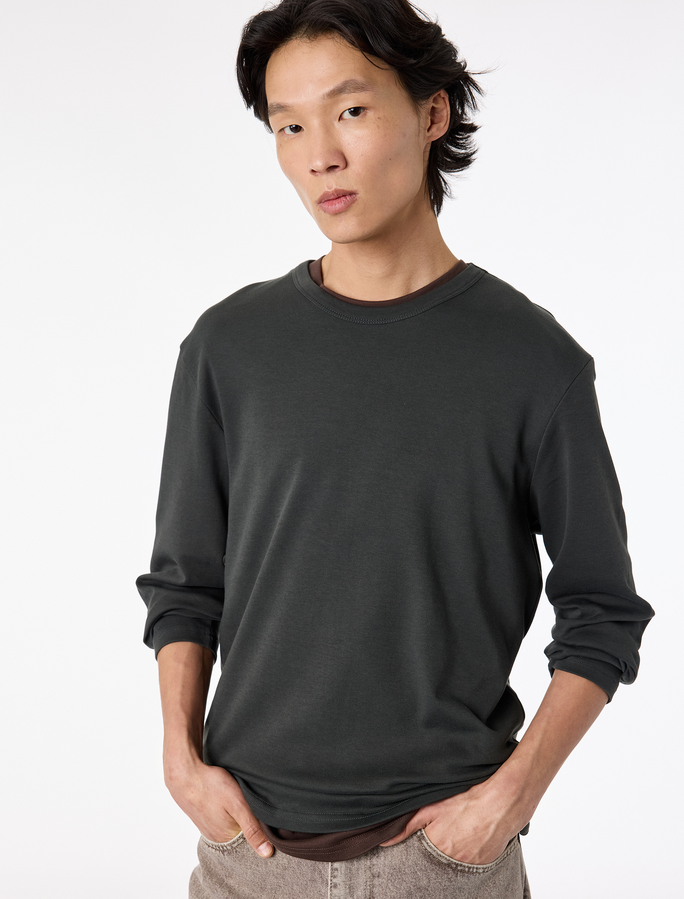   Regular Fit Pamuklu Uzun Kollu Bisiklet Yaka Tişört