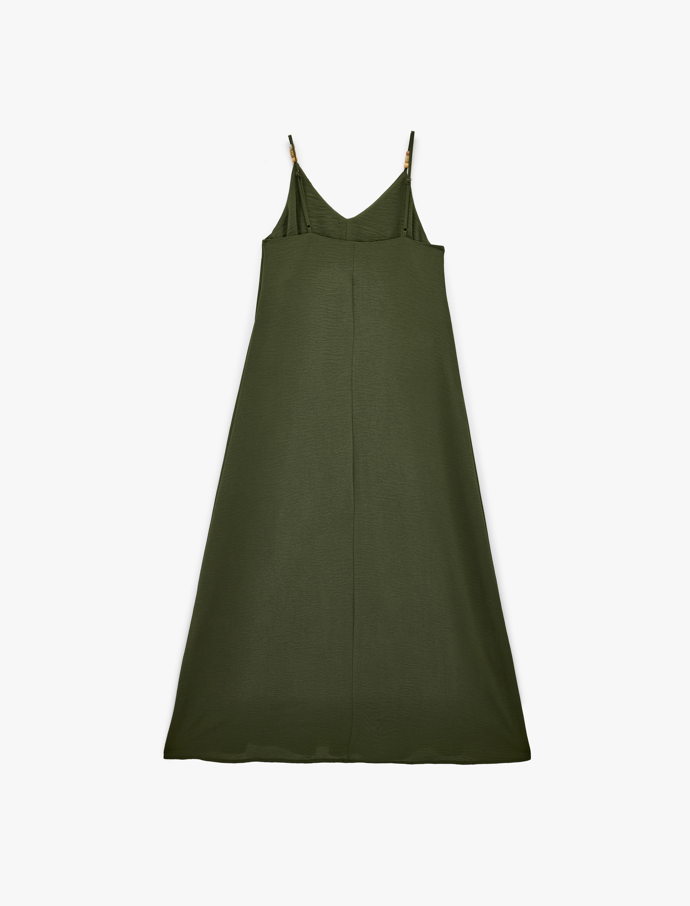   Aerobin Kumaş Ahşap Boncuk Detaylı İp Askılı Uzun Saten Elbise