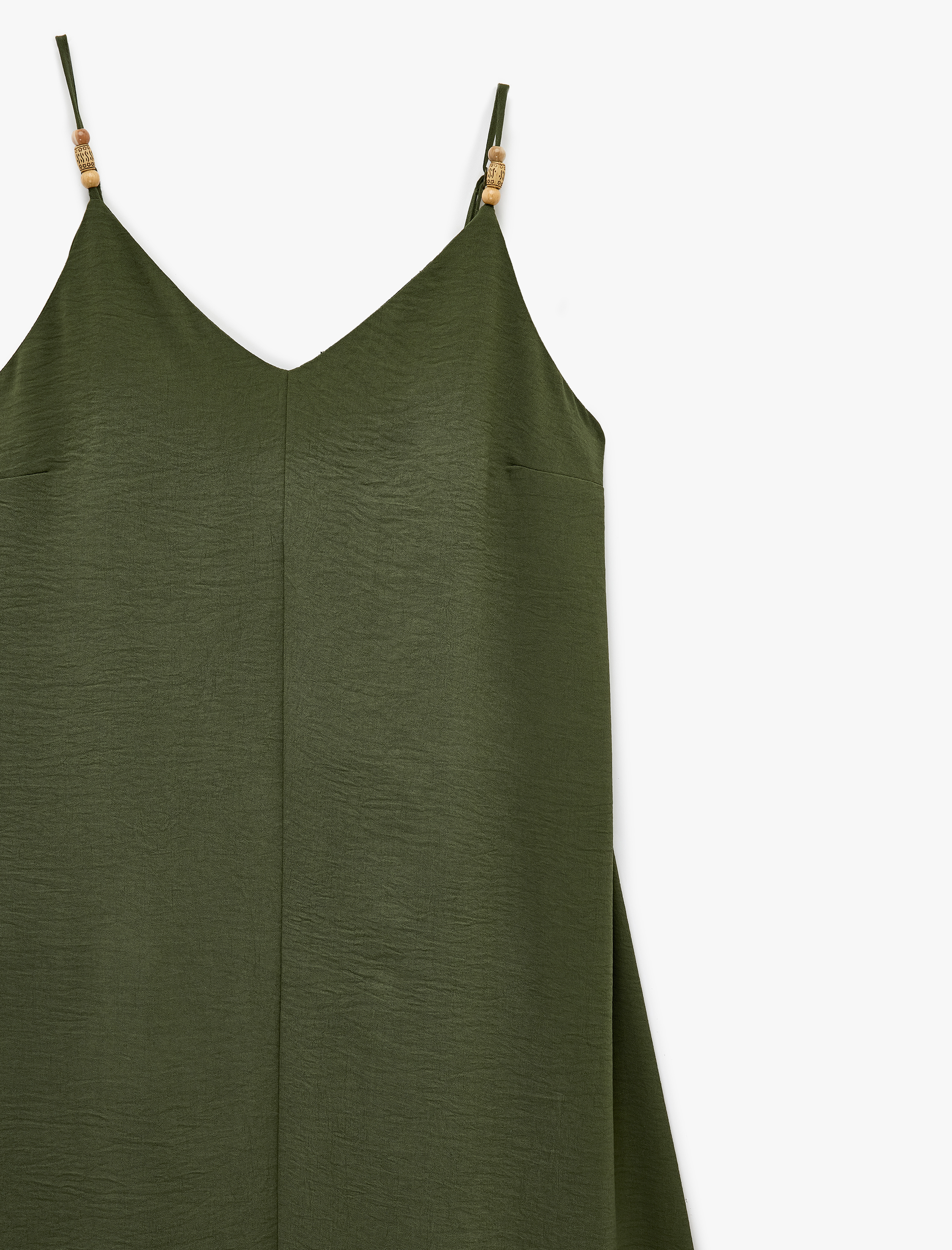   Aerobin Kumaş Ahşap Boncuk Detaylı İp Askılı Uzun Saten Elbise