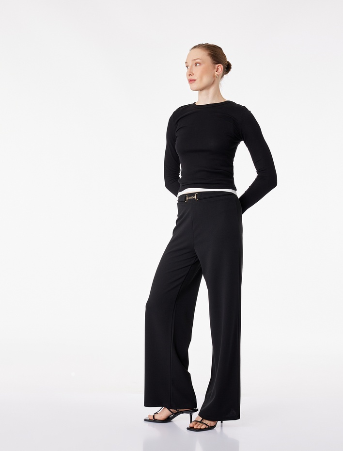  Krep Scuba Kumaş Kemer Detaylı Bol Paça Palazzo Pantolon