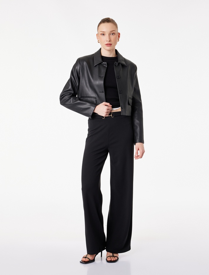  Krep Scuba Kumaş Kemer Detaylı Bol Paça Palazzo Pantolon