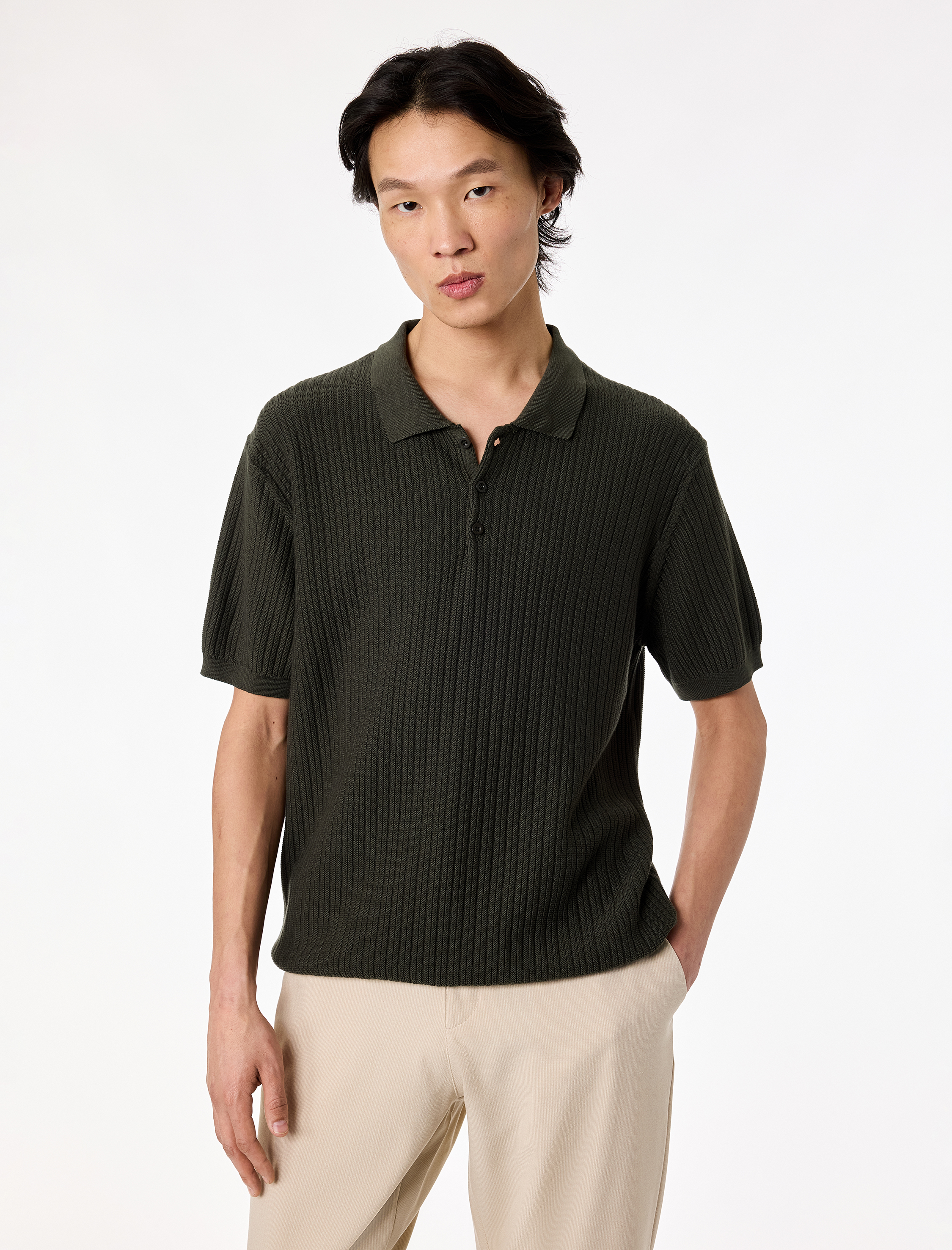   Regular Fit Dokulu Pamuklu Düğmeli Polo Yaka Kısa Kollu Triko Tişört