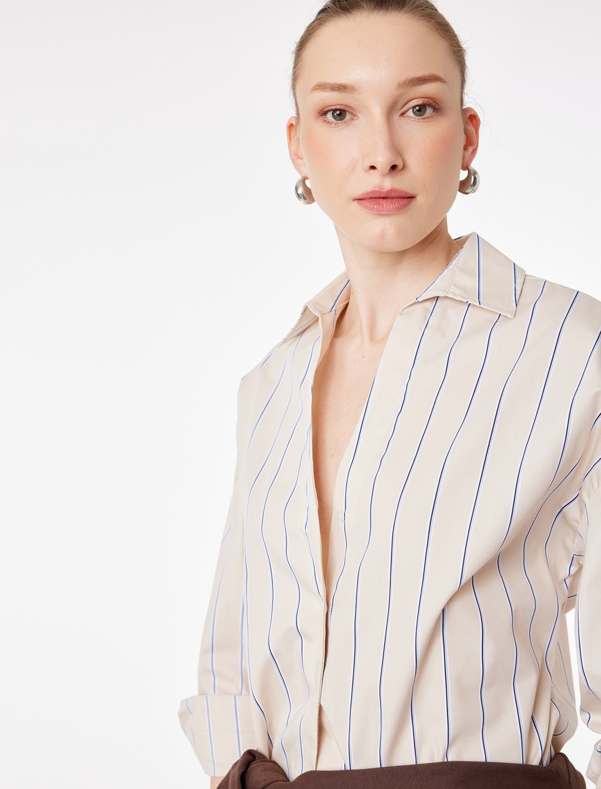 Koton Kadın Pamuklu Regular Fit Uzun Kollu Düğmeli Çizgili Poplin Gömlek