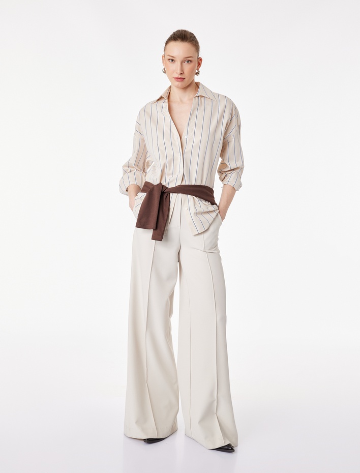  Pamuklu Regular Fit Uzun Kollu Düğmeli Çizgili Poplin Gömlek