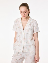 Desenli Viskon Kısa Kollu Gömlek Yaka Pijama Üstü