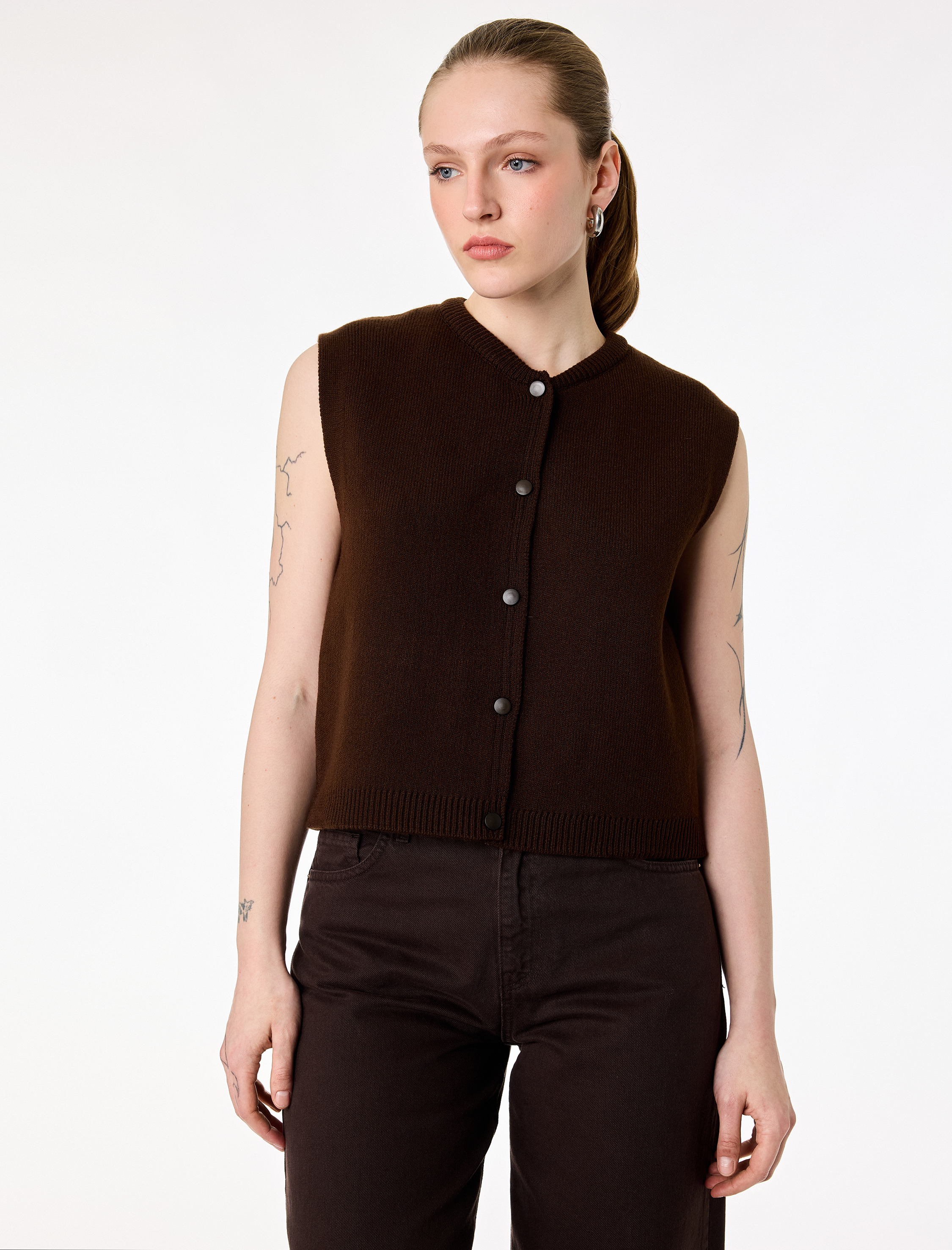   Düğmeli Kolej Yaka Triko Yelek