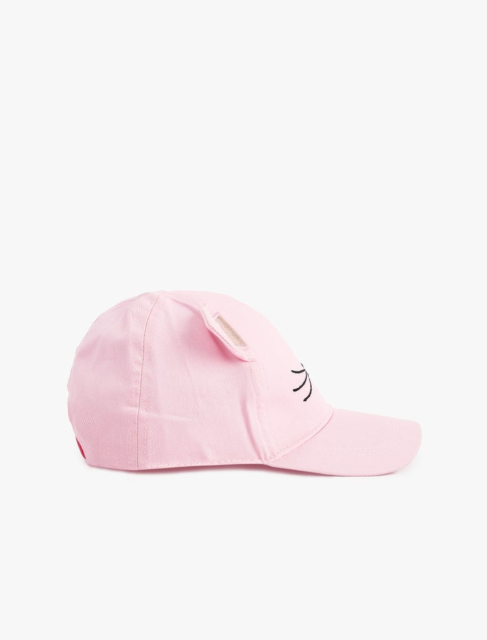 Kız Çocuk Kedi Temalı Kulak Detaylı İşlemeli Pamuklu Kap Şapka