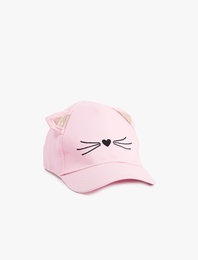 Kedi Temalı Kulak Detaylı İşlemeli Pamuklu Kap Şapka