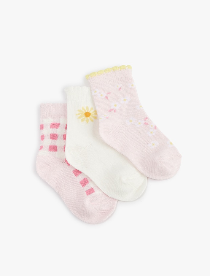 Kız Bebek Çok Renkli Çiçekli 3'lü Çorap