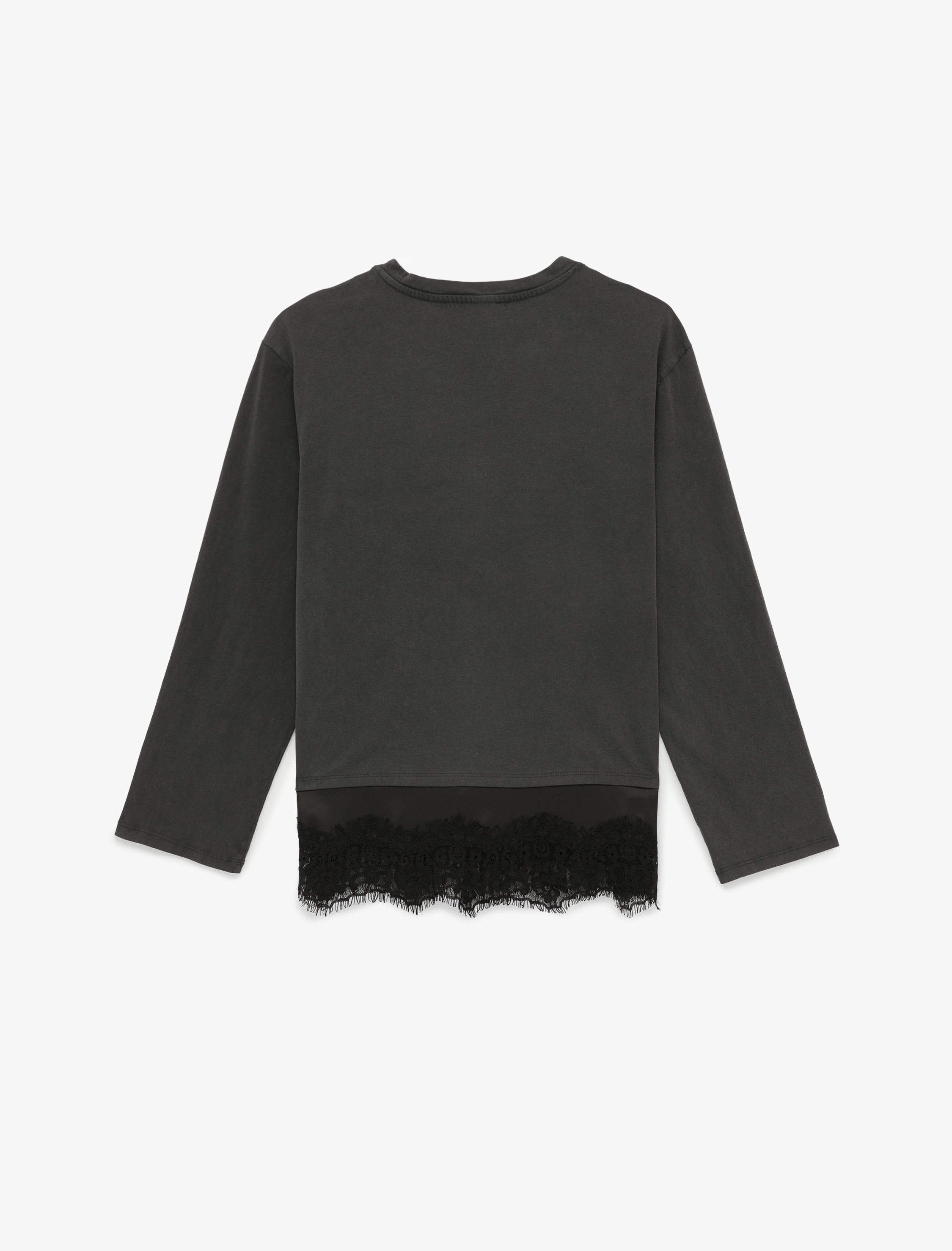   Pamuklu Uzun Kollu Bisiklet Yaka Dantel Detaylı Oversize Tişört