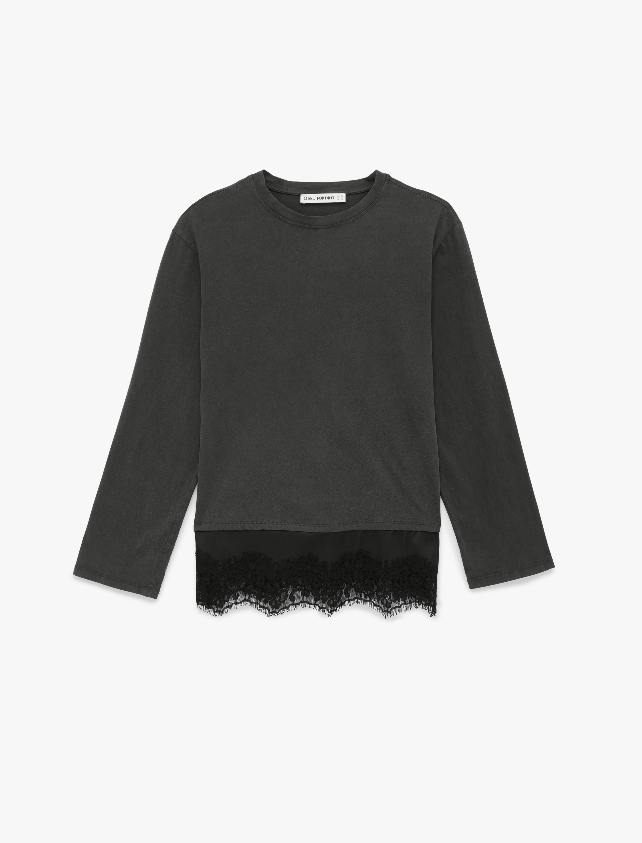   Pamuklu Uzun Kollu Bisiklet Yaka Dantel Detaylı Oversize Tişört