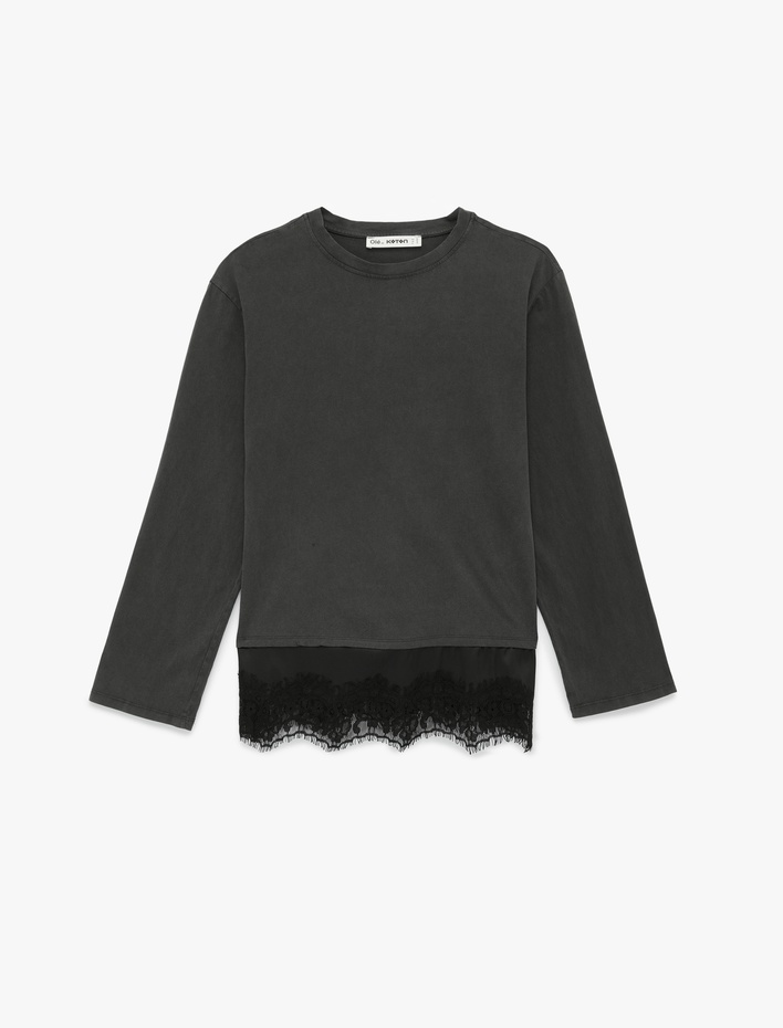  Pamuklu Uzun Kollu Bisiklet Yaka Dantel Detaylı Oversize Tişört