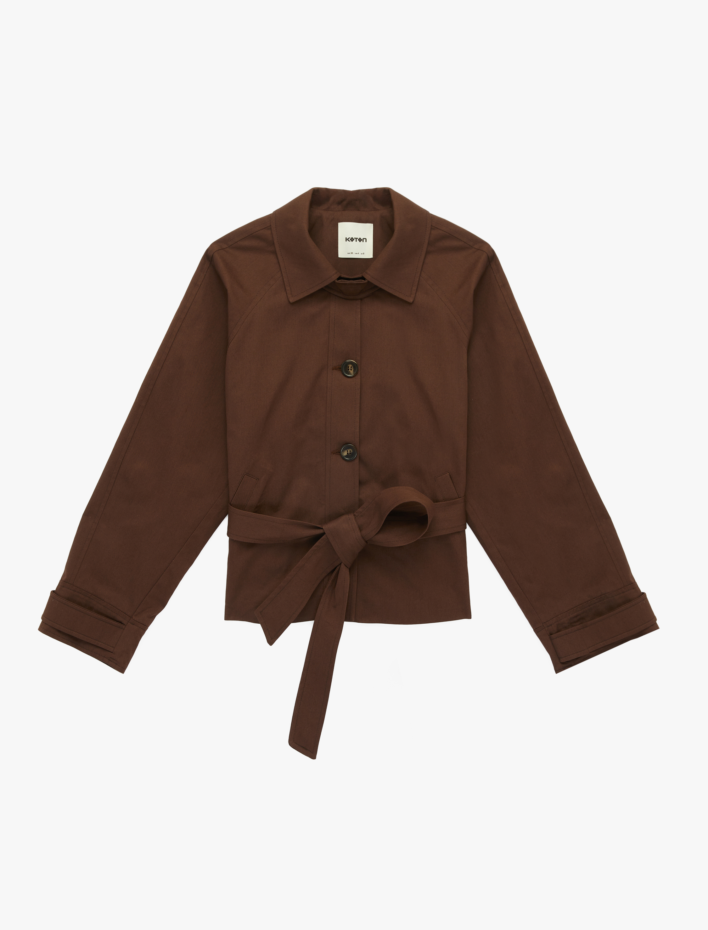   Uzun Kollu Düğmeli Cepli Kemerli Kısa Gabardin Trençkot