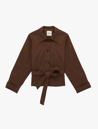 Uzun Kollu Düğmeli Cepli Kemerli Kısa Gabardin Trençkot