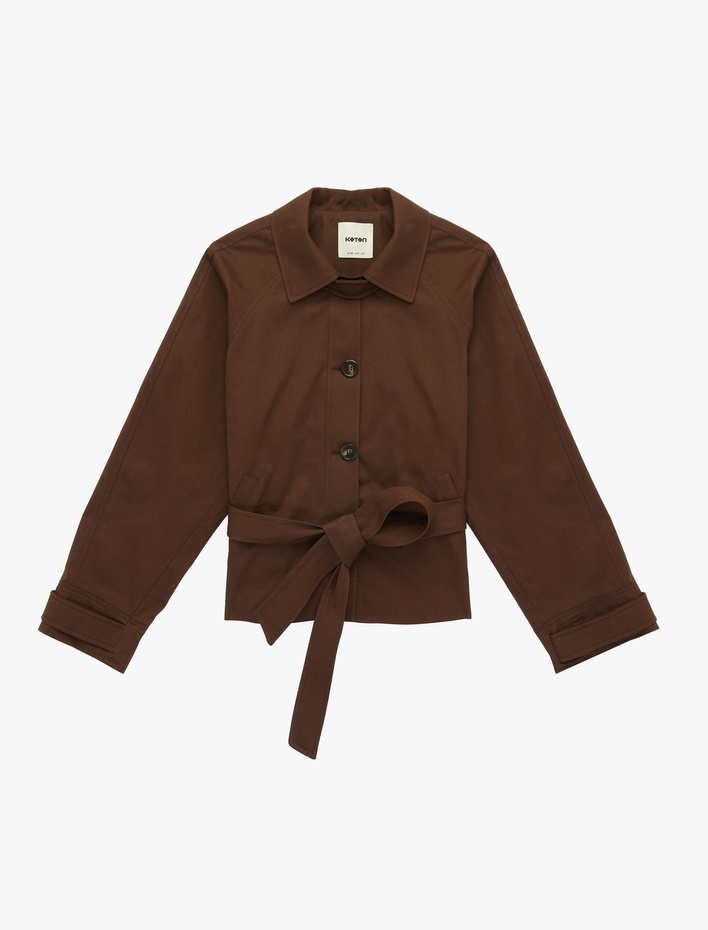  Uzun Kollu Düğmeli Cepli Kemerli Kısa Gabardin Trençkot