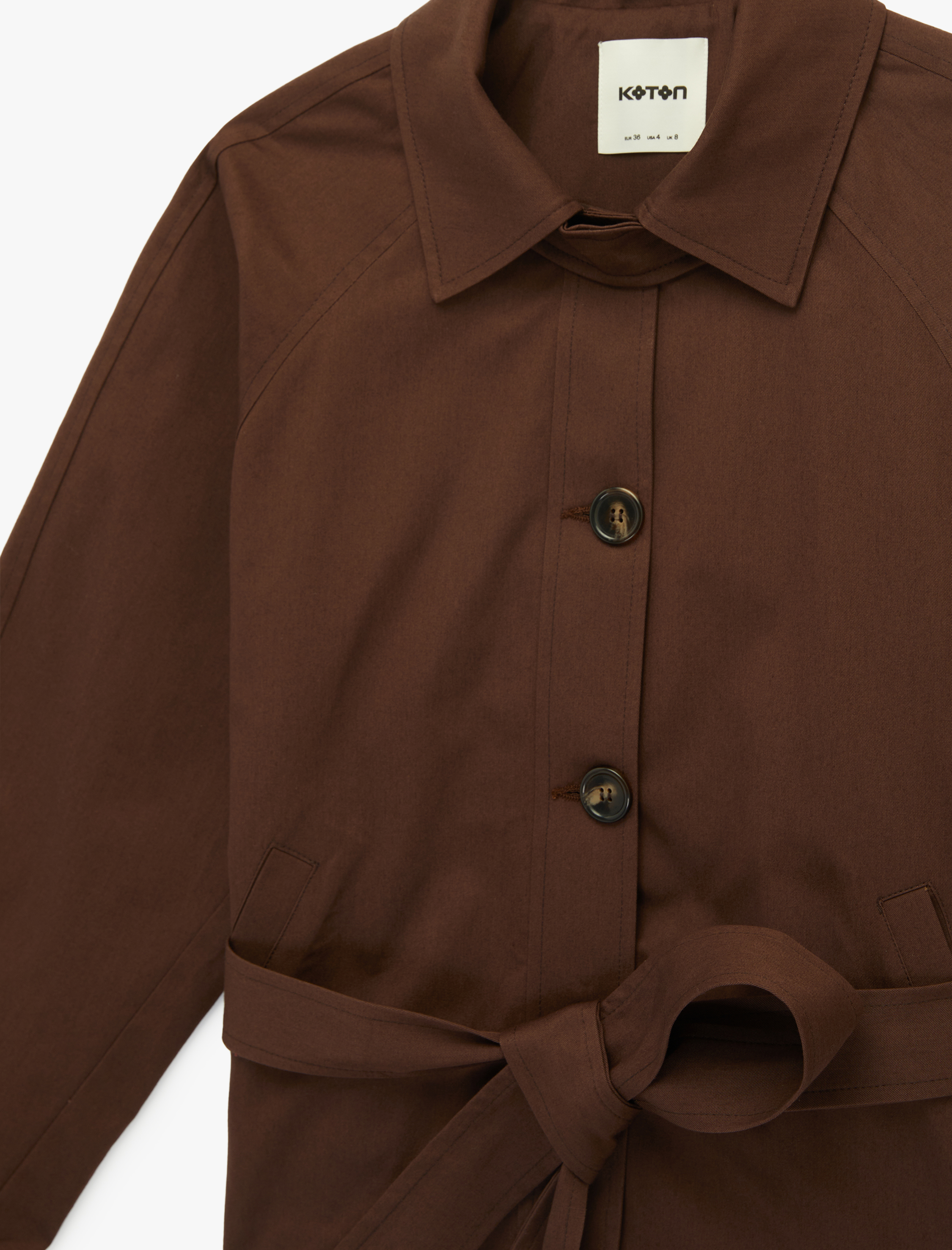   Uzun Kollu Düğmeli Cepli Kemerli Kısa Gabardin Trençkot