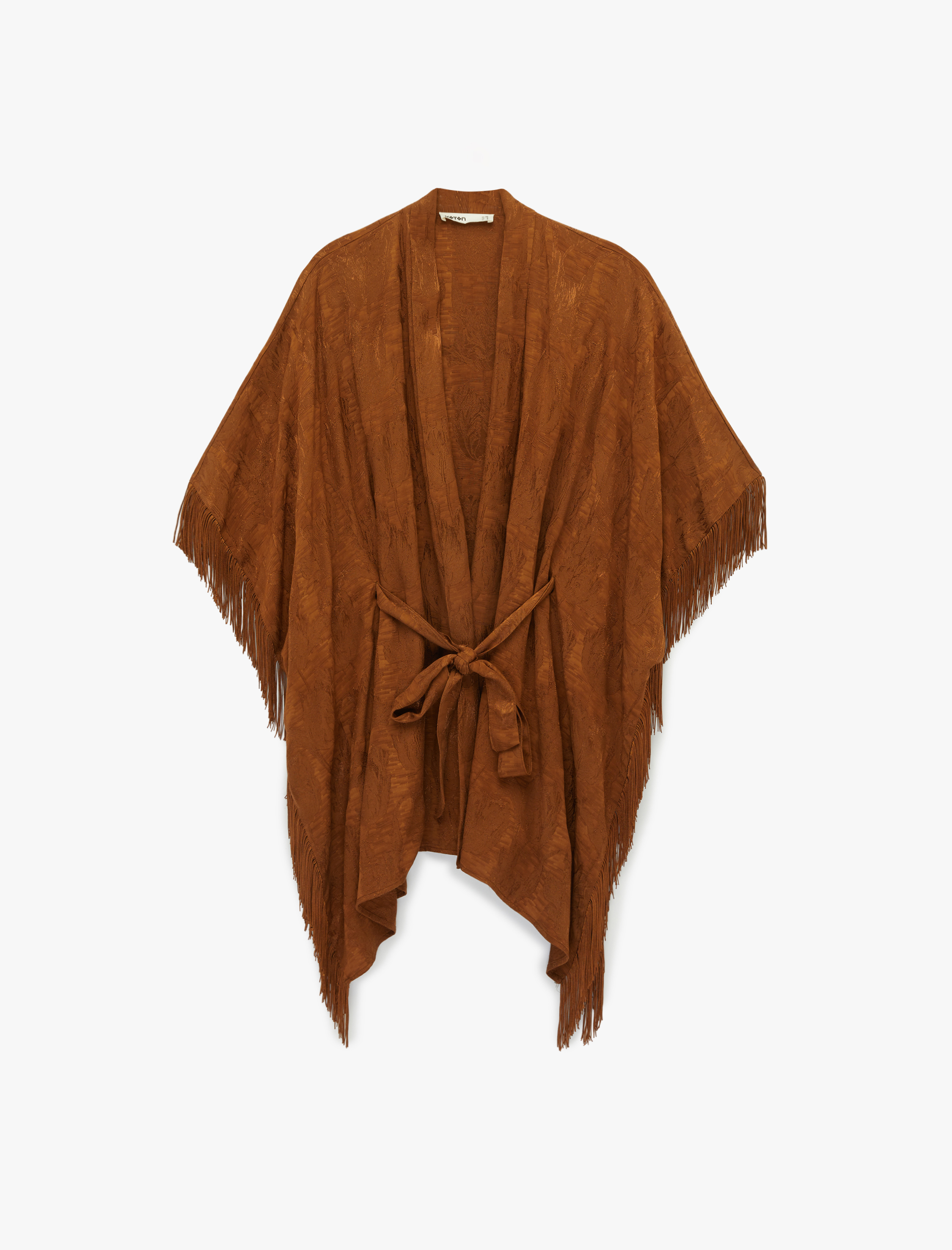   Bağlama Detaylı Floral Dokulu Püsküllü Uzun Kimono Panço