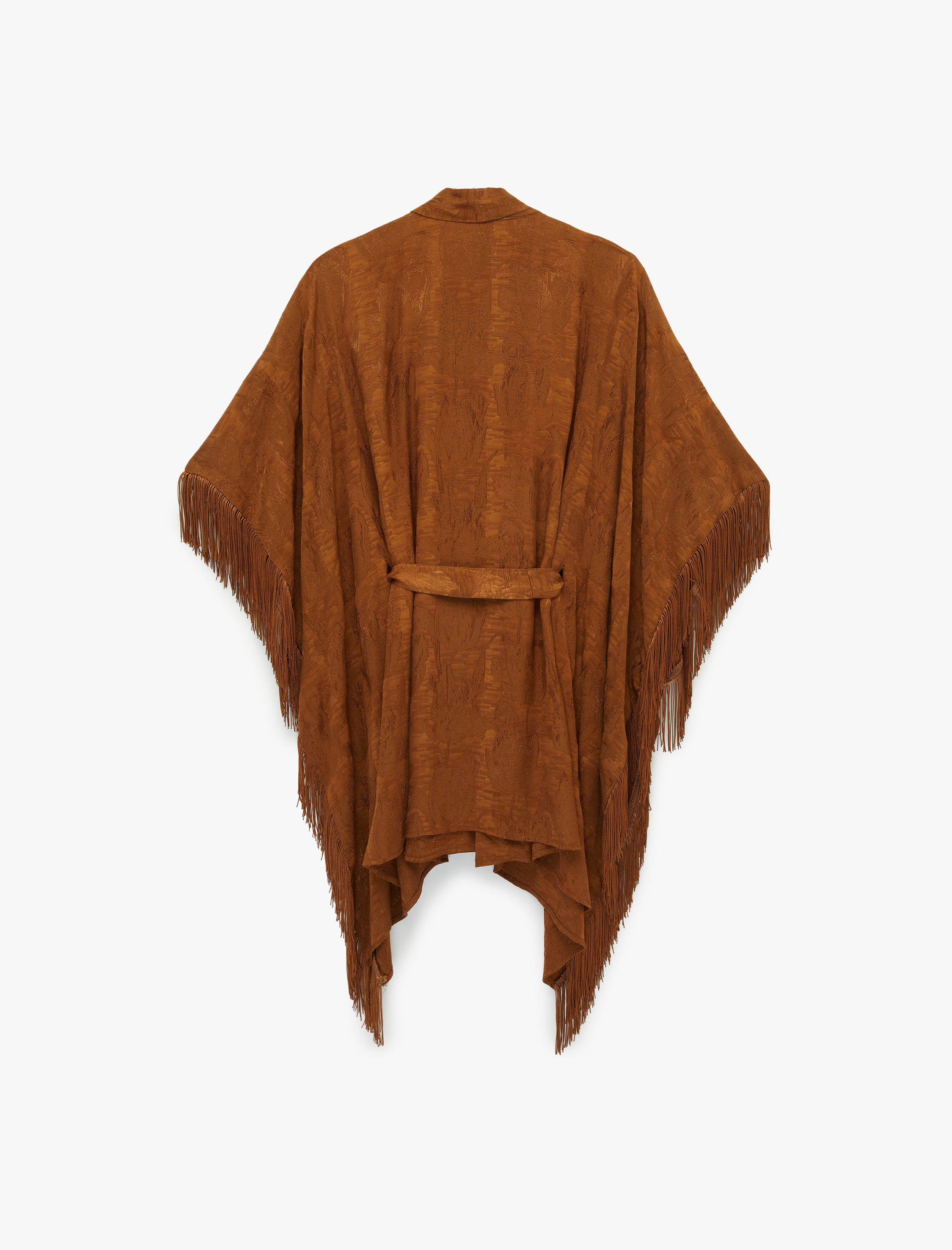   Bağlama Detaylı Floral Dokulu Püsküllü Uzun Kimono Panço