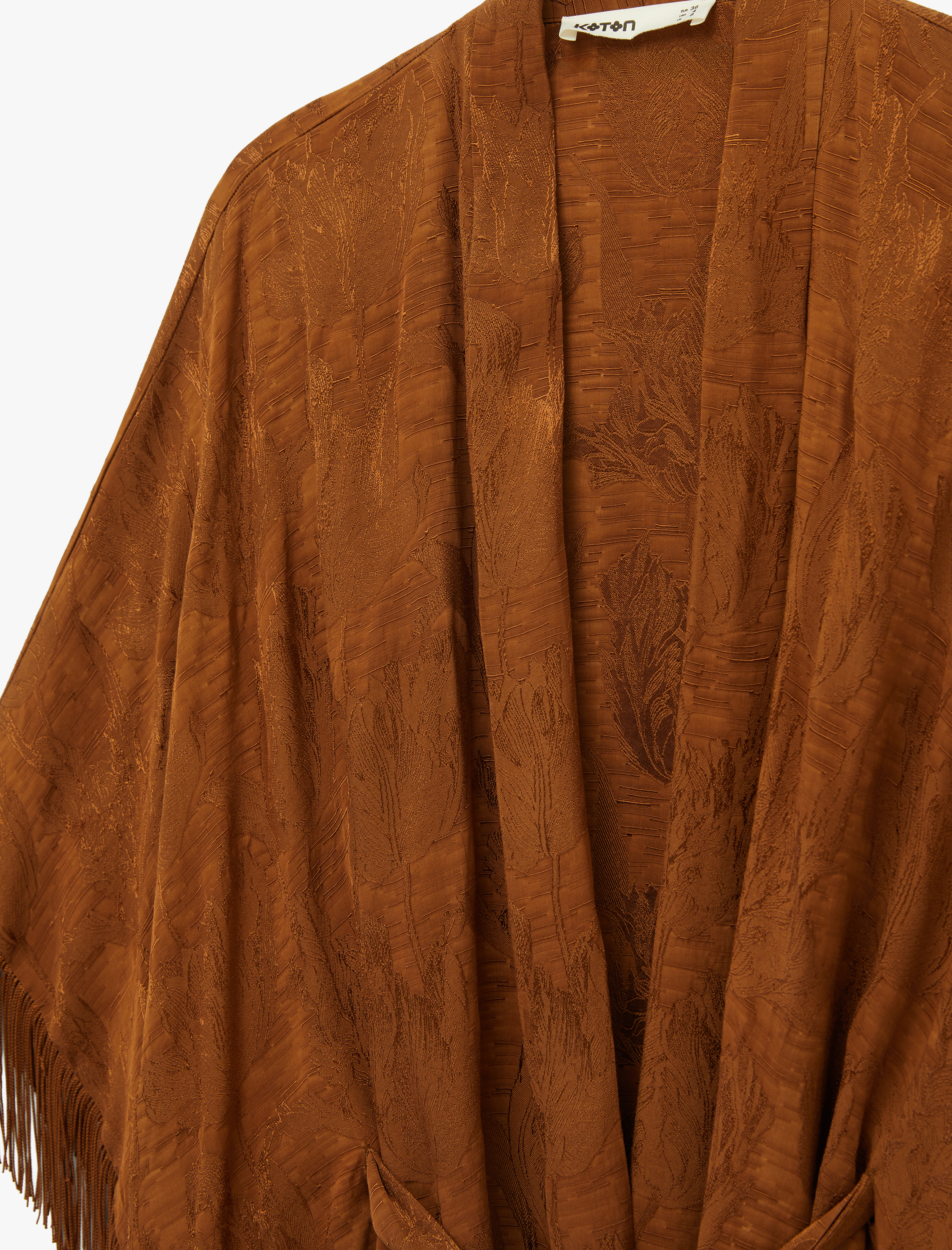   Bağlama Detaylı Floral Dokulu Püsküllü Uzun Kimono Panço